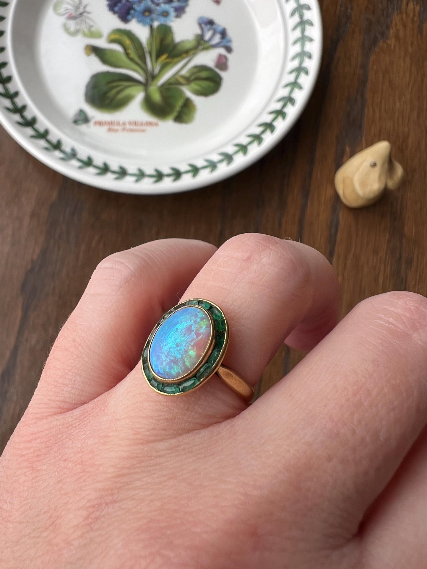 BLUE Opal Carre Cut EMERALD HALO Ring Antique 18k Gold Oval Geometric Bullseye Target Channel Set Green Romantic Gift Victorian Belle Epoque