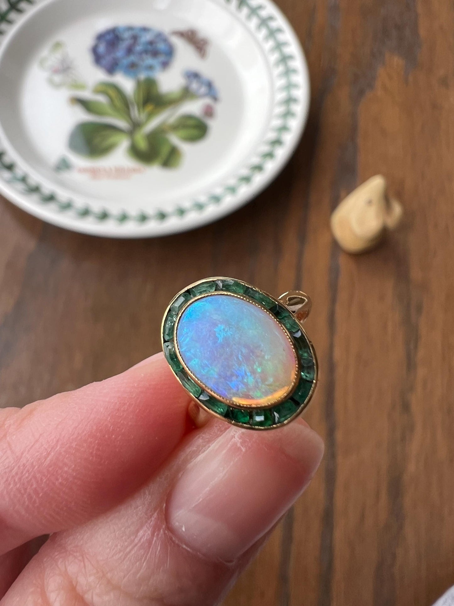 BLUE Opal Carre Cut EMERALD HALO Ring Antique 18k Gold Oval Geometric Bullseye Target Channel Set Green Romantic Gift Victorian Belle Epoque