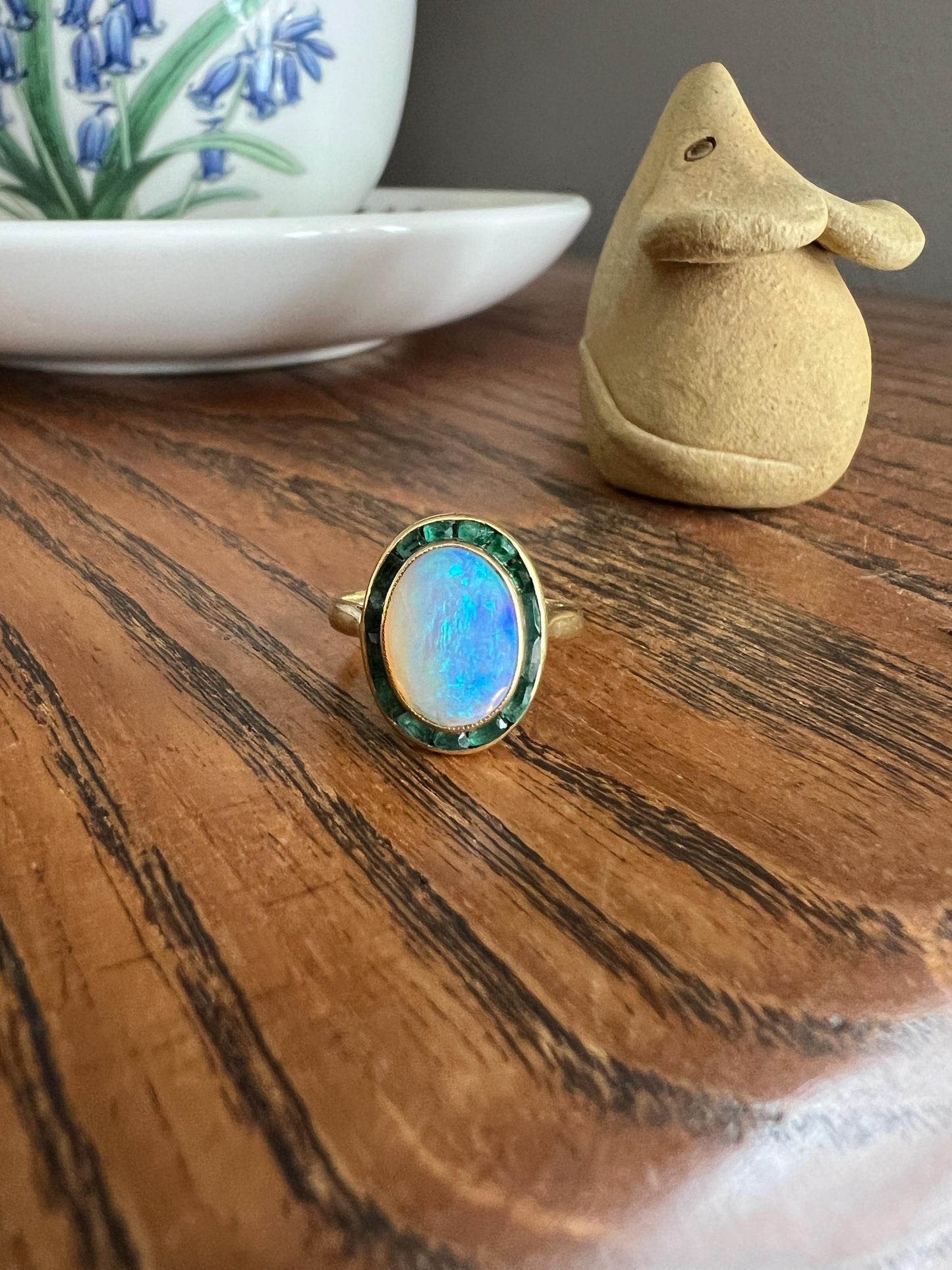 BLUE Opal Carre Cut EMERALD HALO Ring Antique 18k Gold Oval Geometric Bullseye Target Channel Set Green Romantic Gift Victorian Belle Epoque