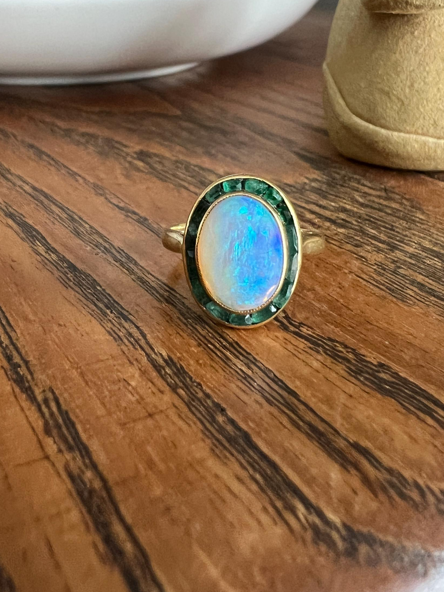 BLUE Opal Carre Cut EMERALD HALO Ring Antique 18k Gold Oval Geometric Bullseye Target Channel Set Green Victorian