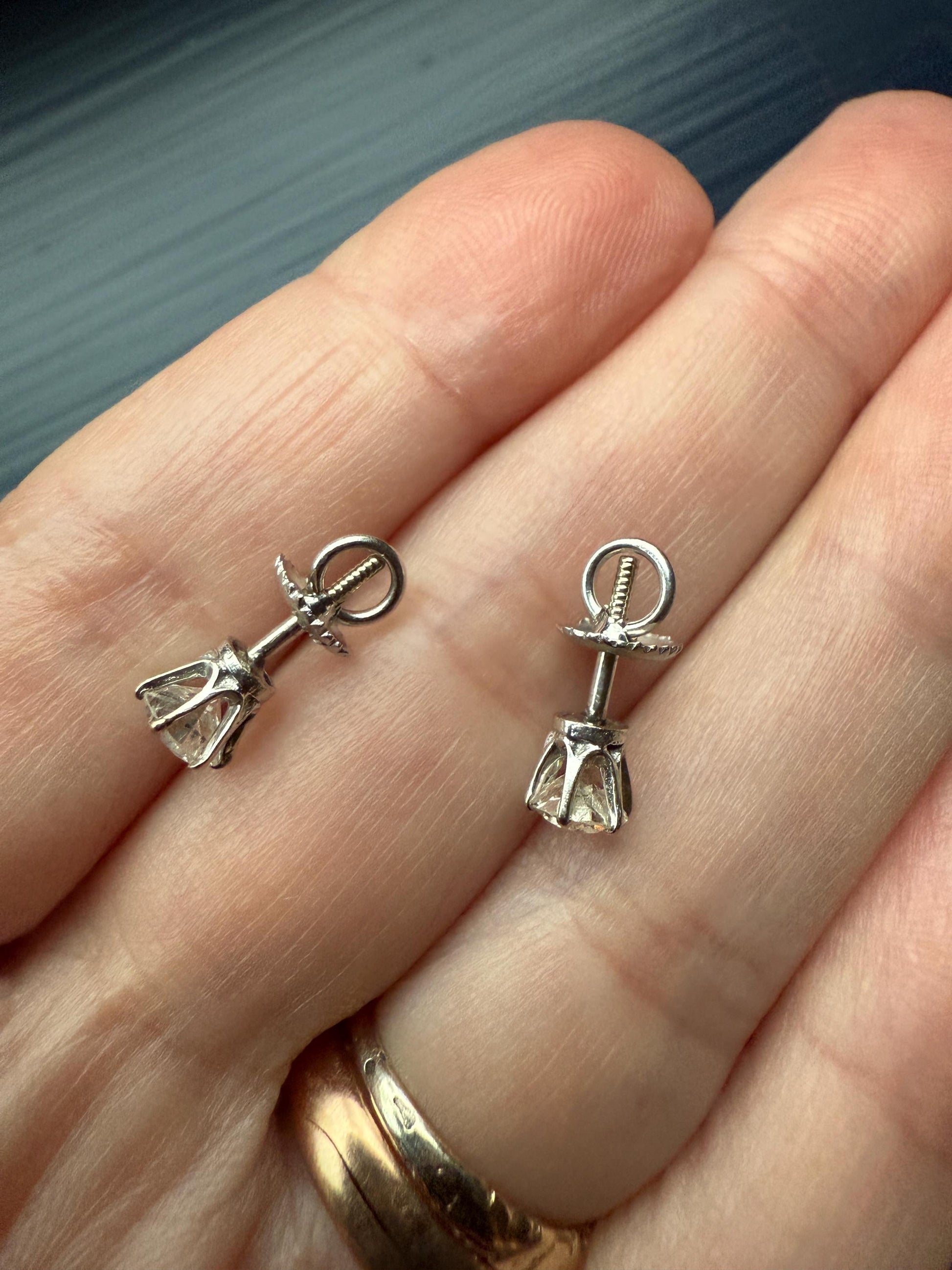 Transitional Cut 1 Carat DIAMOND Stud Earrings 14k White GOLD Gift Vintage Bridal Something Old Sparkle Minimalist Screw Back