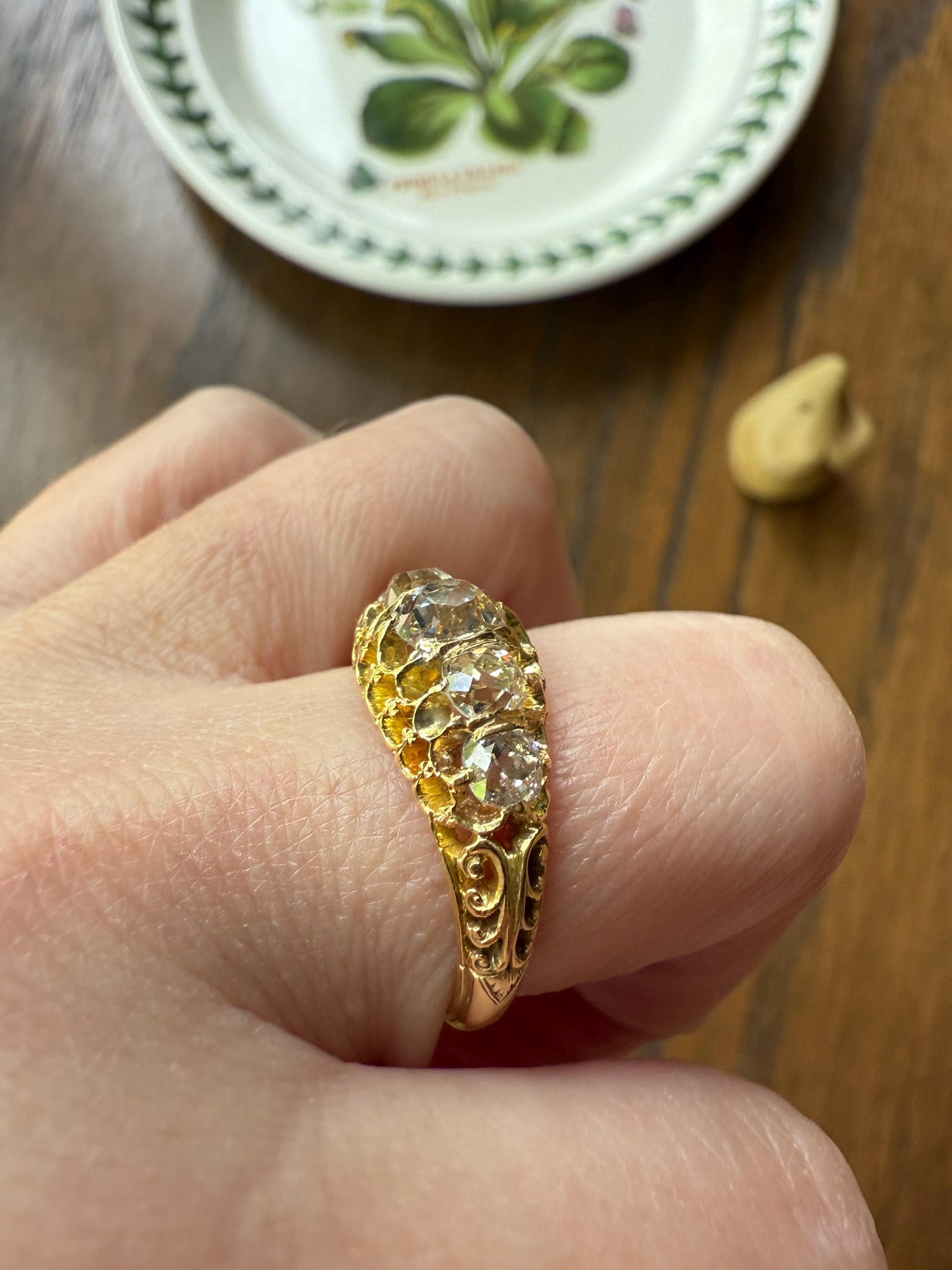 Most Ornate Victorian Antique Chunky Five Stone 1.8 Carat Old Mine Cut Diamond Band 18k Gold Ring Stacker Crown Prongs Scrolled 1.8Tcw OMC