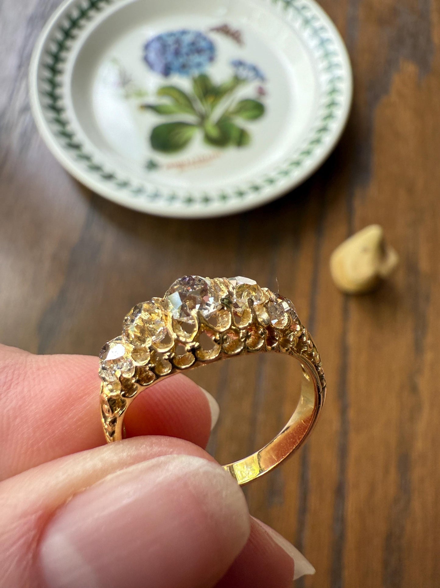 Most Ornate Victorian Antique Chunky Five Stone 1.8 Carat Old Mine Cut Diamond Band 18k Gold Ring Stacker Crown Prongs Scrolled 1.8Tcw OMC