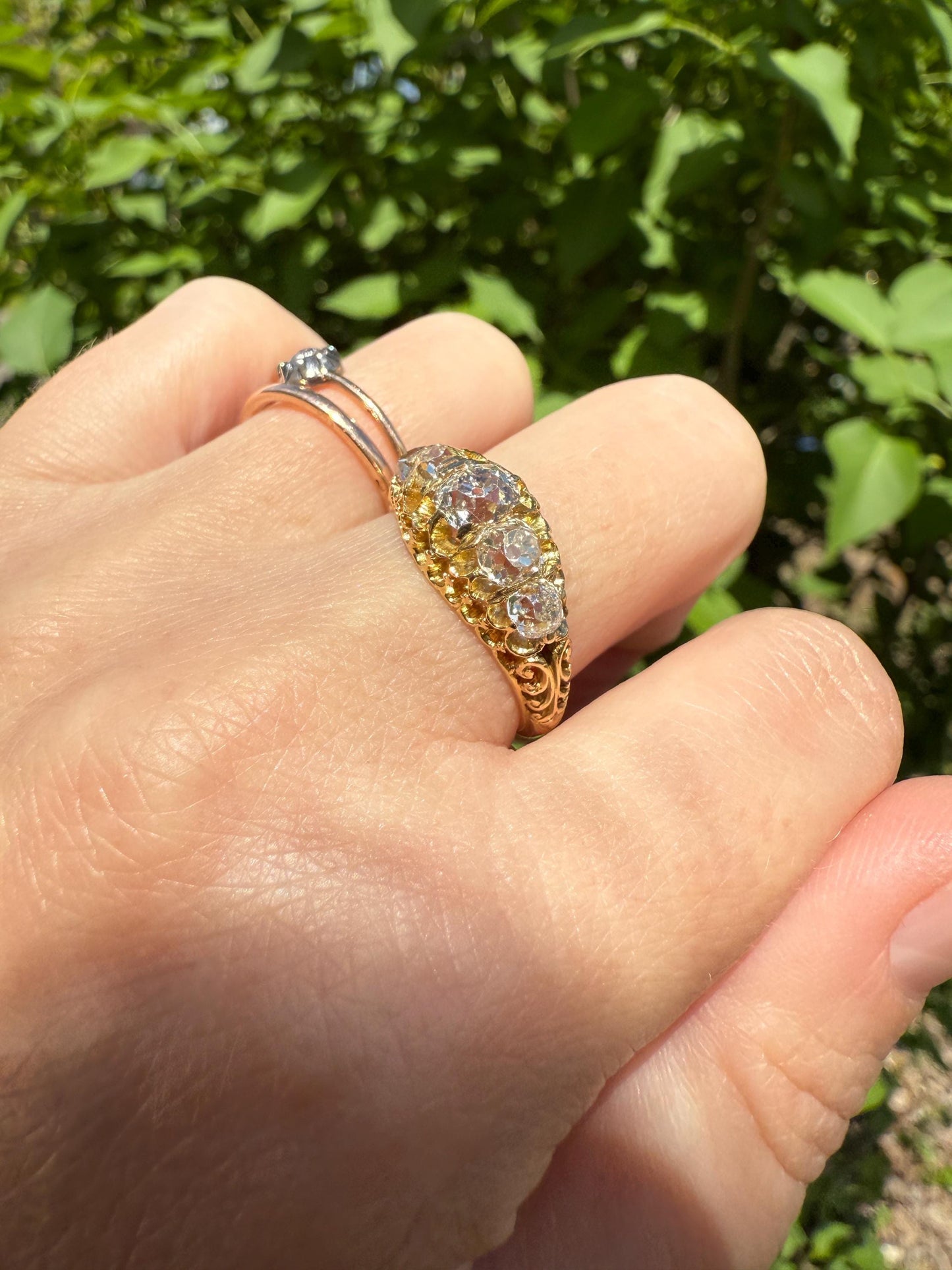 Most Ornate Victorian Antique Chunky Five Stone 1.8 Carat Old Mine Cut Diamond Band 18k Gold Ring Stacker Crown Prongs Scrolled 1.8Tcw OMC