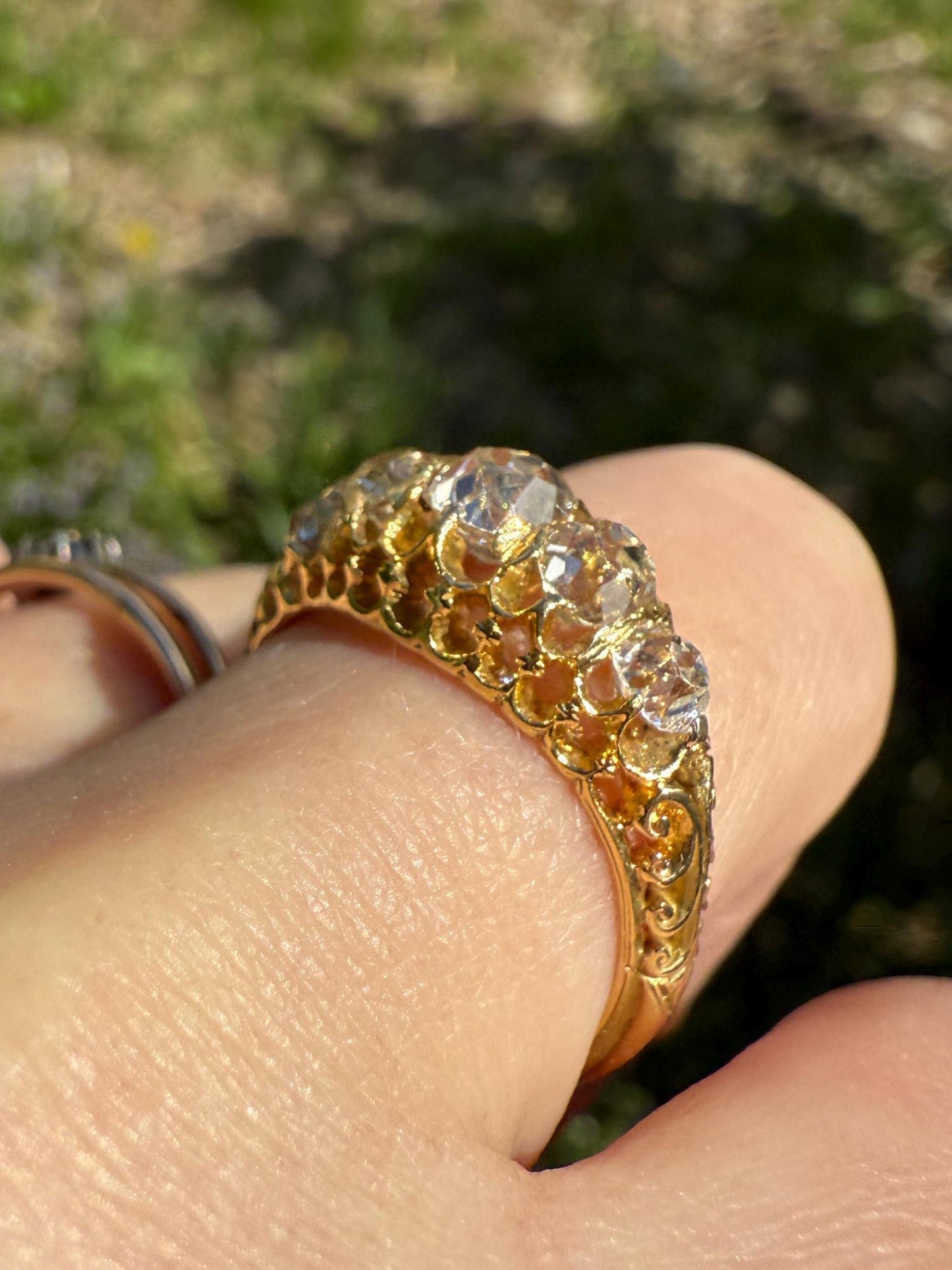 Most Ornate Victorian Antique Chunky Five Stone 1.8 Carat Old Mine Cut Diamond Band 18k Gold Ring Stacker Crown Prongs Scrolled 1.8Tcw OMC