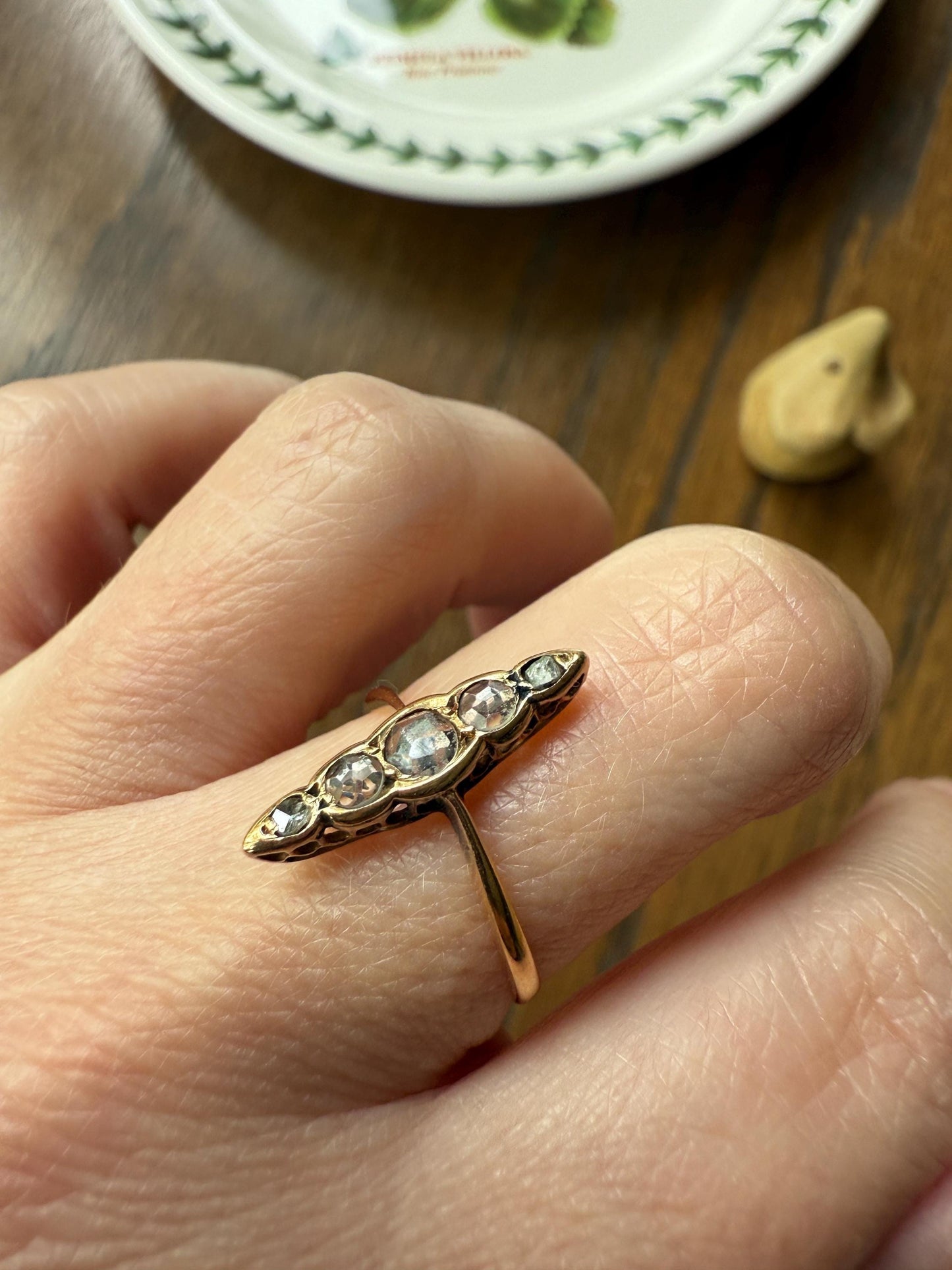 Rose Cut DIAMOND Antique Five Stone Skinny NAVETTE Ring 18k Gold Victorian to Georgian Scalloped Unique Romantic Gift