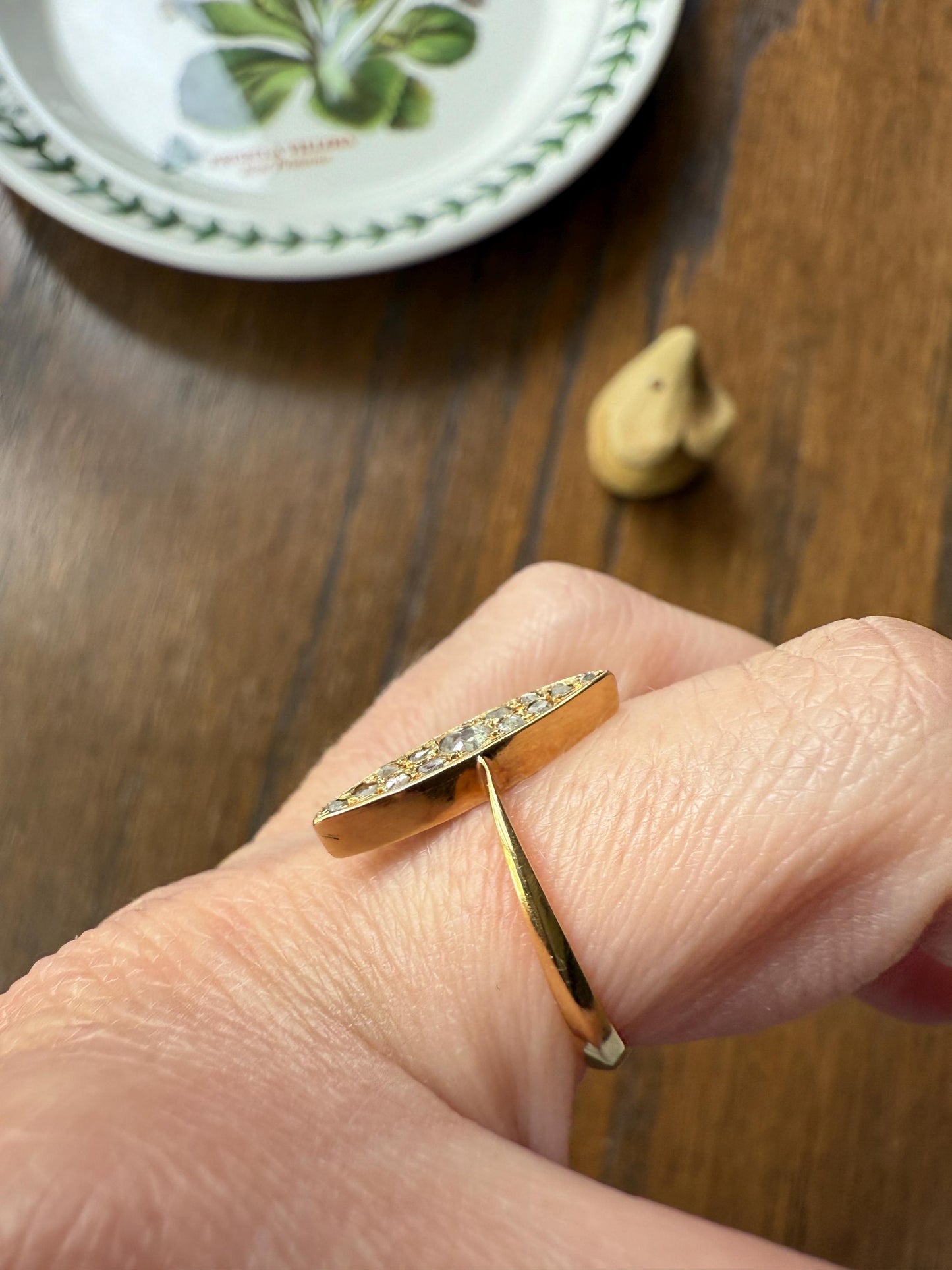 ANGLED Skinny Navette 13 Rose Cut DIAMOND Antique Ring 18k Gold Victorian to Georgian Scalloped Romantic Gift