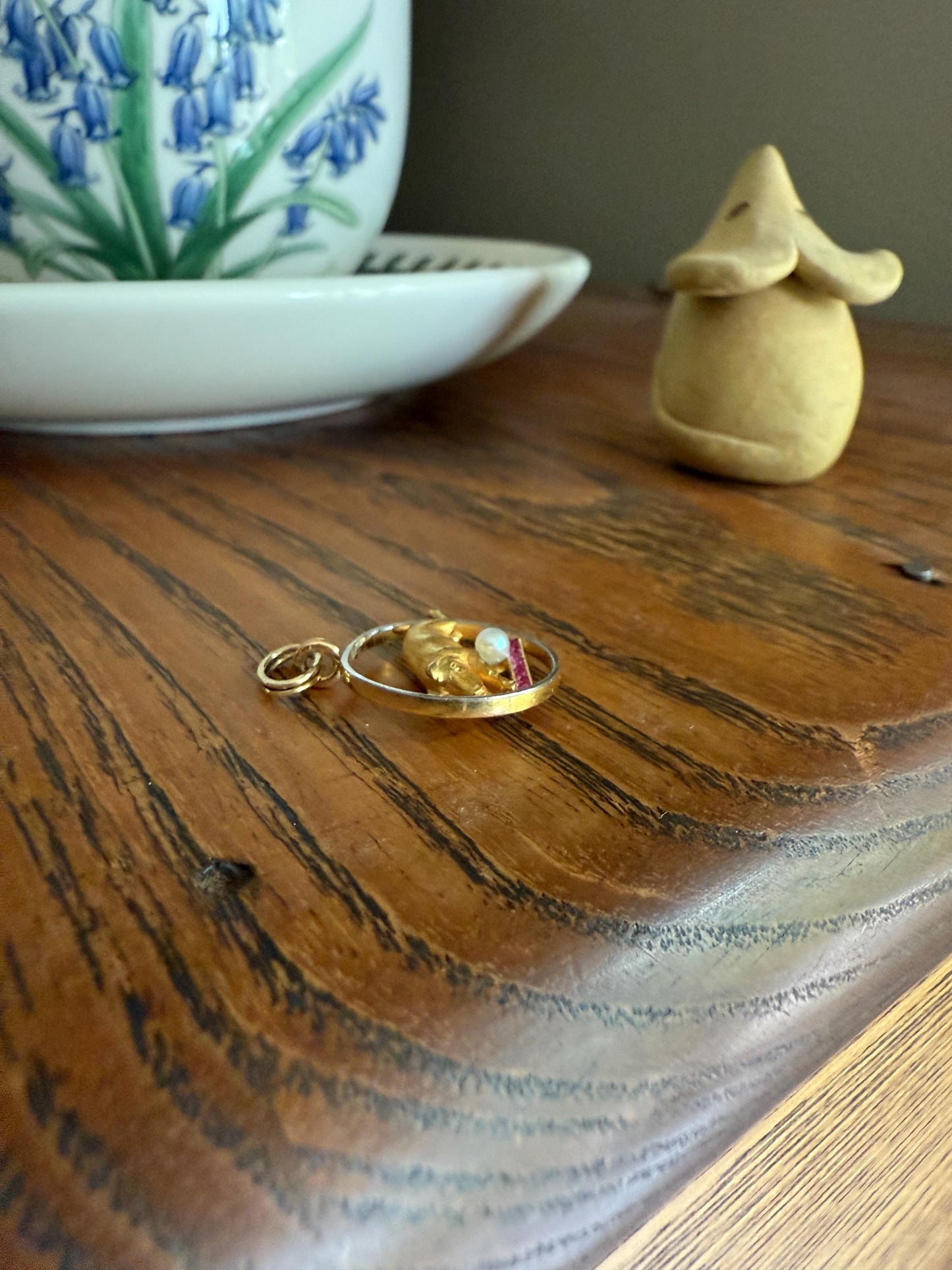 This Little Piggy Went to Spain and France Antique 18k Gold Lucky Jumping Pig Pearl Synthetic Ruby Good Luck Charm Pendant