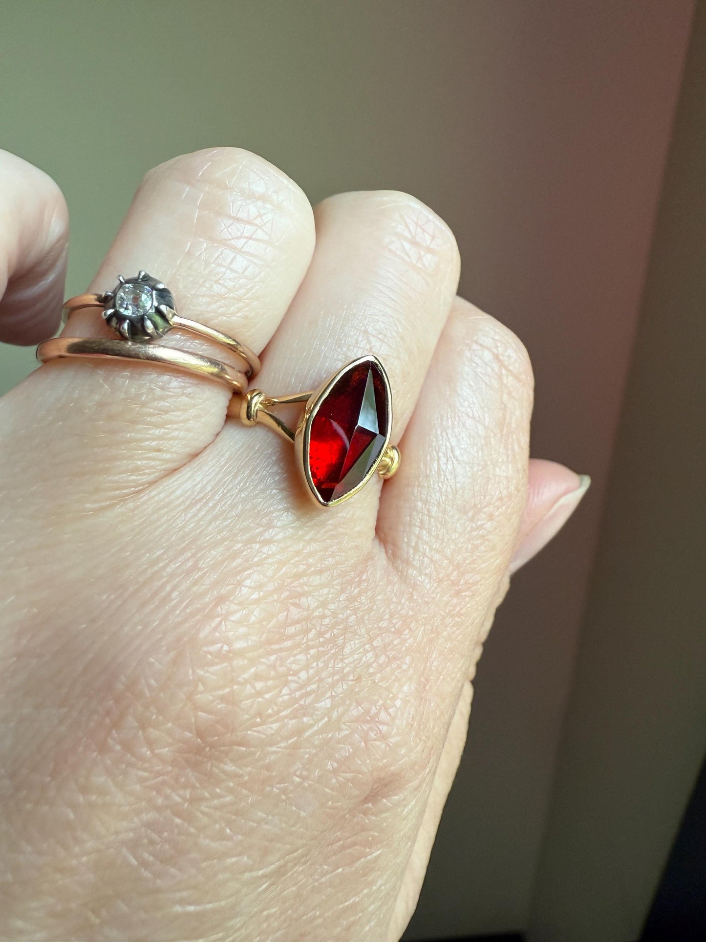 Marquise Perpignan GARNET Navette Ring French New! 18k Gold Crimson Light Reflective Foil Back Geometric Stacker Unique Romantic Gift