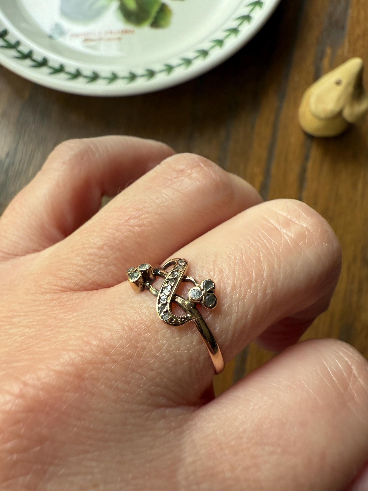 Victorian Swirl Rose Cut Diamond Band Forget Me Not Clover Spanish 18k Gold Ring Dainty Figural Stacker Movement and a Glint of Sparkle Gift