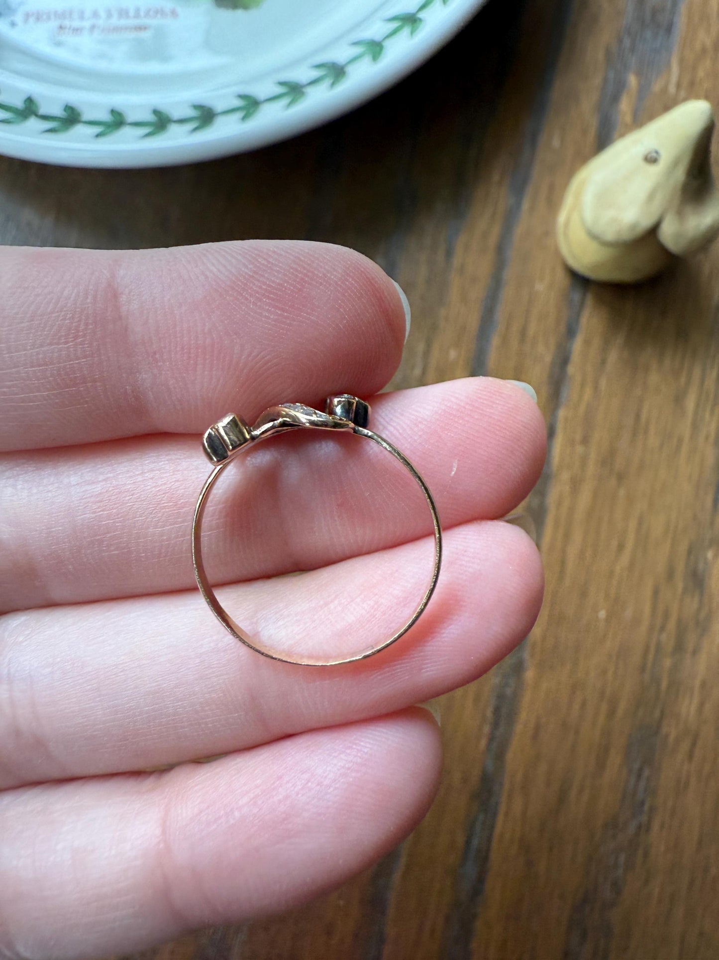 Victorian Swirl Rose Cut Diamond Band Forget Me Not Clover Spanish 18k Gold Ring Dainty Figural Stacker Movement and a Glint of Sparkle Gift
