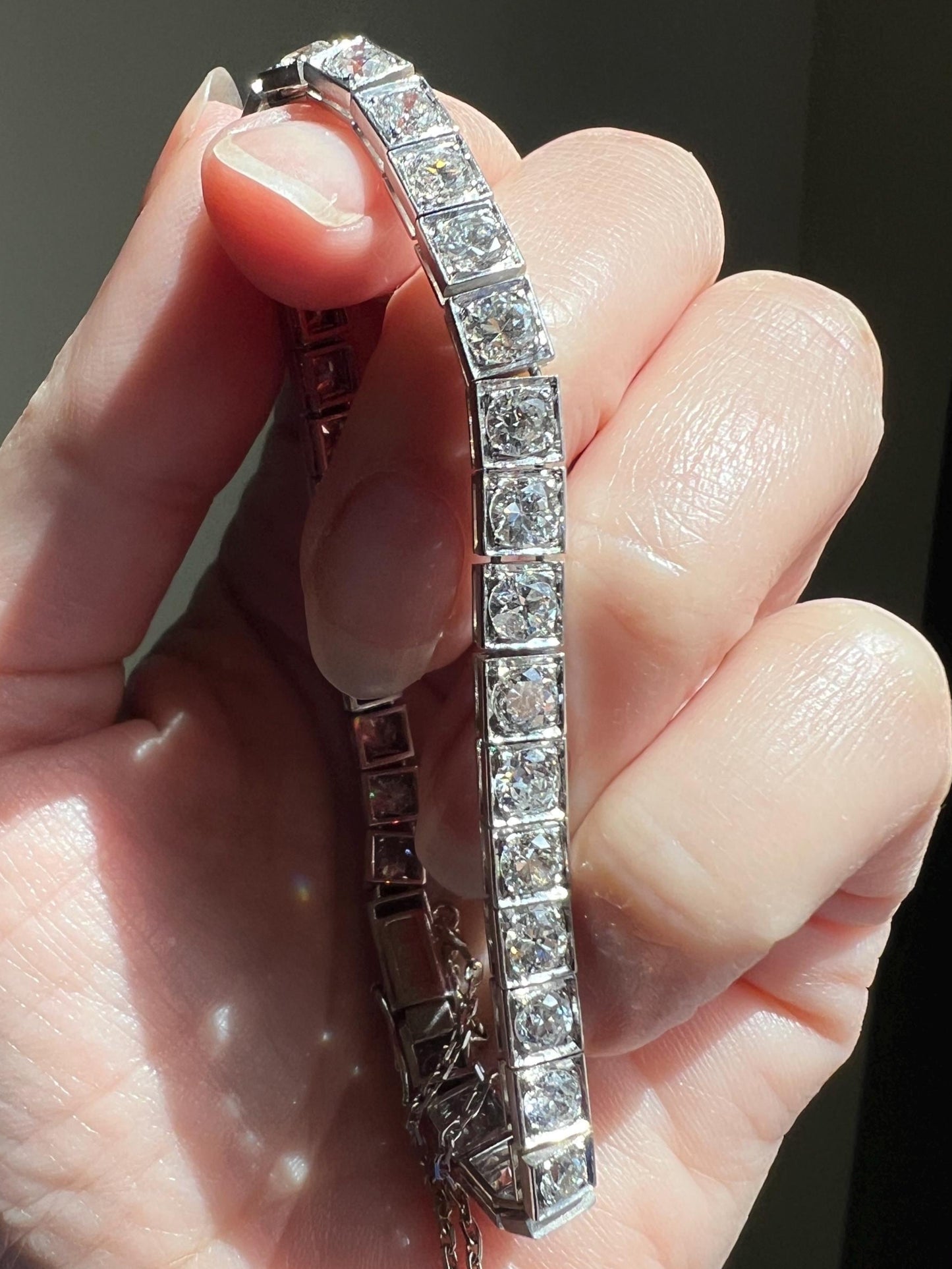 Antique 9.5 CARAT 35 Old European & Mine Cut DIAMOND Line Riviera Tennis Bracelet Platinum French Square Bezel Rivere Wriststack 9.5Ctw OmC