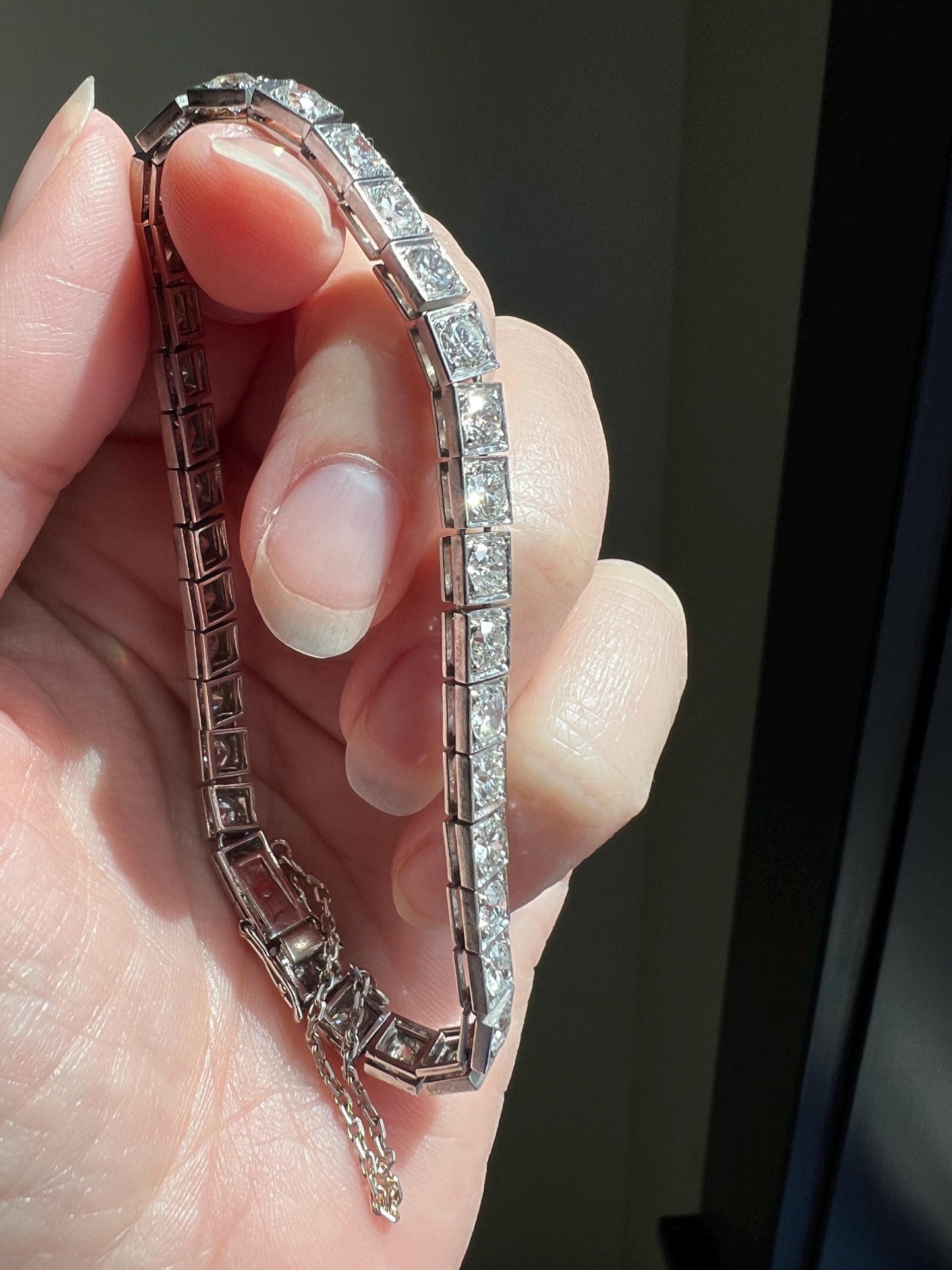 Antique 9.5 CARAT 35 Old European & Mine Cut DIAMOND Line Riviera Tennis Bracelet Platinum French Square Bezel Rivere Wriststack 9.5Ctw OmC