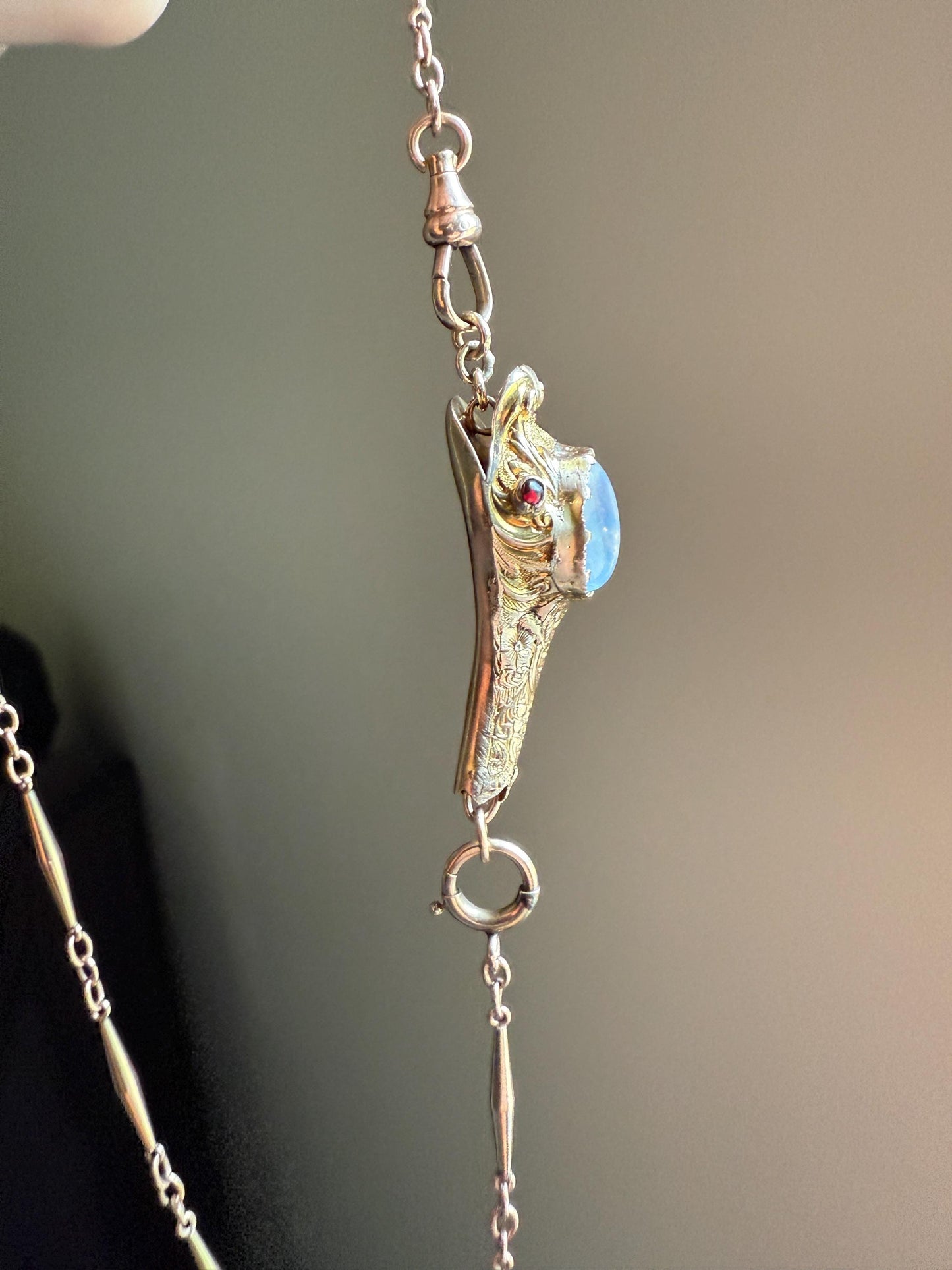 MOONSTONE Smiling SNAKE Large Victorian Antique Pendant CONNECTOR Extender Figural 10k Gold Solid Swivel Engraved Head Garnet Eyes