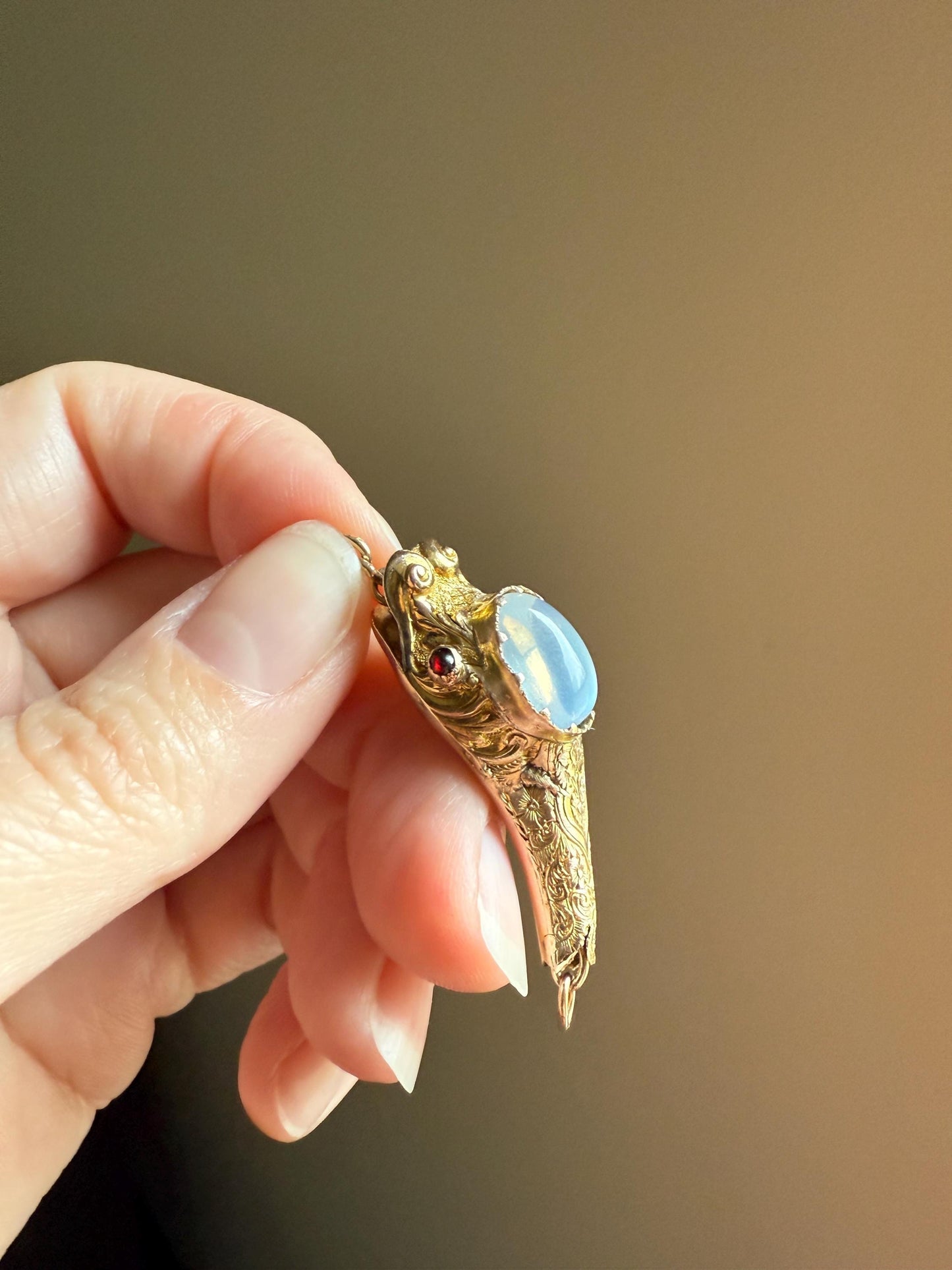MOONSTONE Smiling SNAKE Large Victorian Antique Pendant CONNECTOR Extender Figural 10k Gold Solid Swivel Engraved Head Garnet Eyes