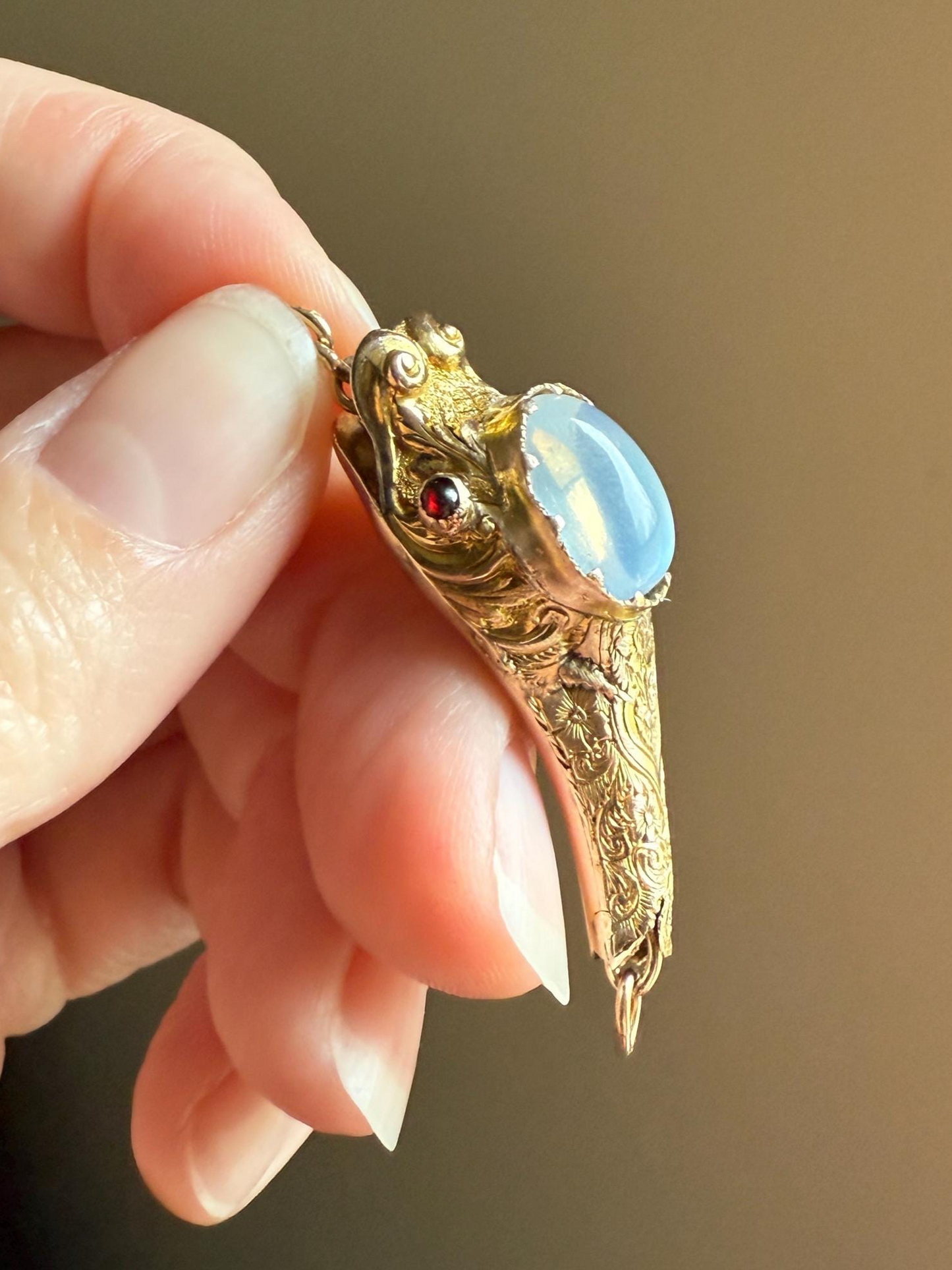 MOONSTONE Smiling SNAKE Large Victorian Antique Pendant CONNECTOR Extender Figural 10k Gold Solid Swivel Engraved Head Garnet Eyes