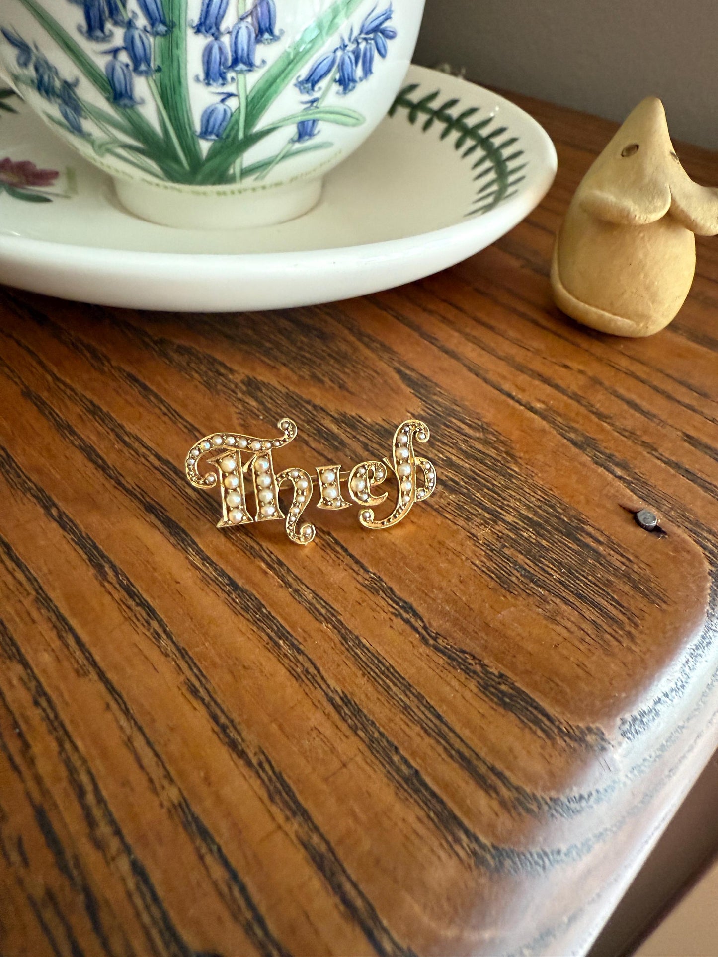 THIEF Antique VICTORIAN Pearl Encrusted Pin Brooch Figural 14k Gold Pendant Charm Holder Extender Parts Romantic "of my Heart?" Gift Figural