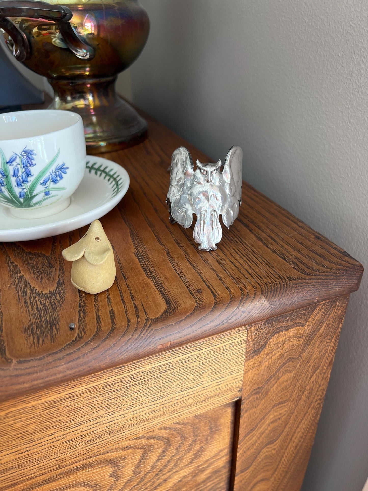 OWL French Antique Silver Plate Figural Cuff Bracelet LARGE Art Nouveau Unique Bangle Lifelike Sculpted Design Statement Piece Wisdom Wise