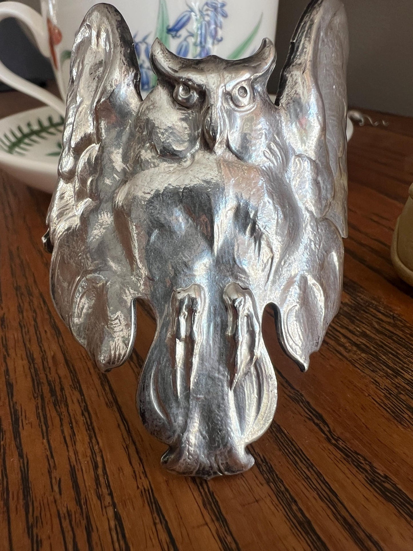 OWL French Antique Silver Plate Figural Cuff Bracelet LARGE Art Nouveau Unique Bangle Lifelike Sculpted Design Statement Piece Wisdom Wise