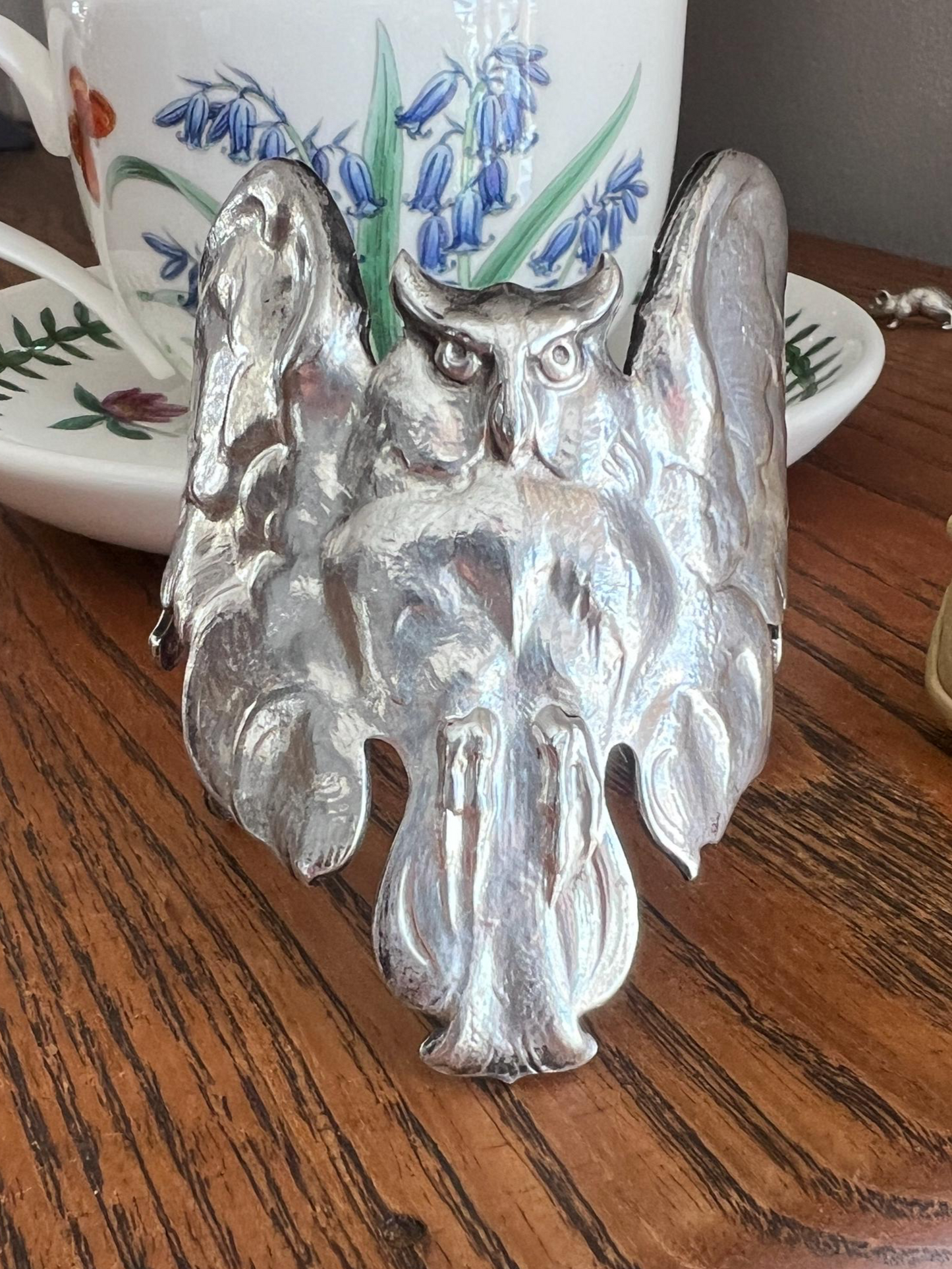 OWL French Antique Silver Plate Figural Cuff Bracelet LARGE Art Nouveau Unique Bangle Lifelike Sculpted Design Statement Piece Wisdom Wise