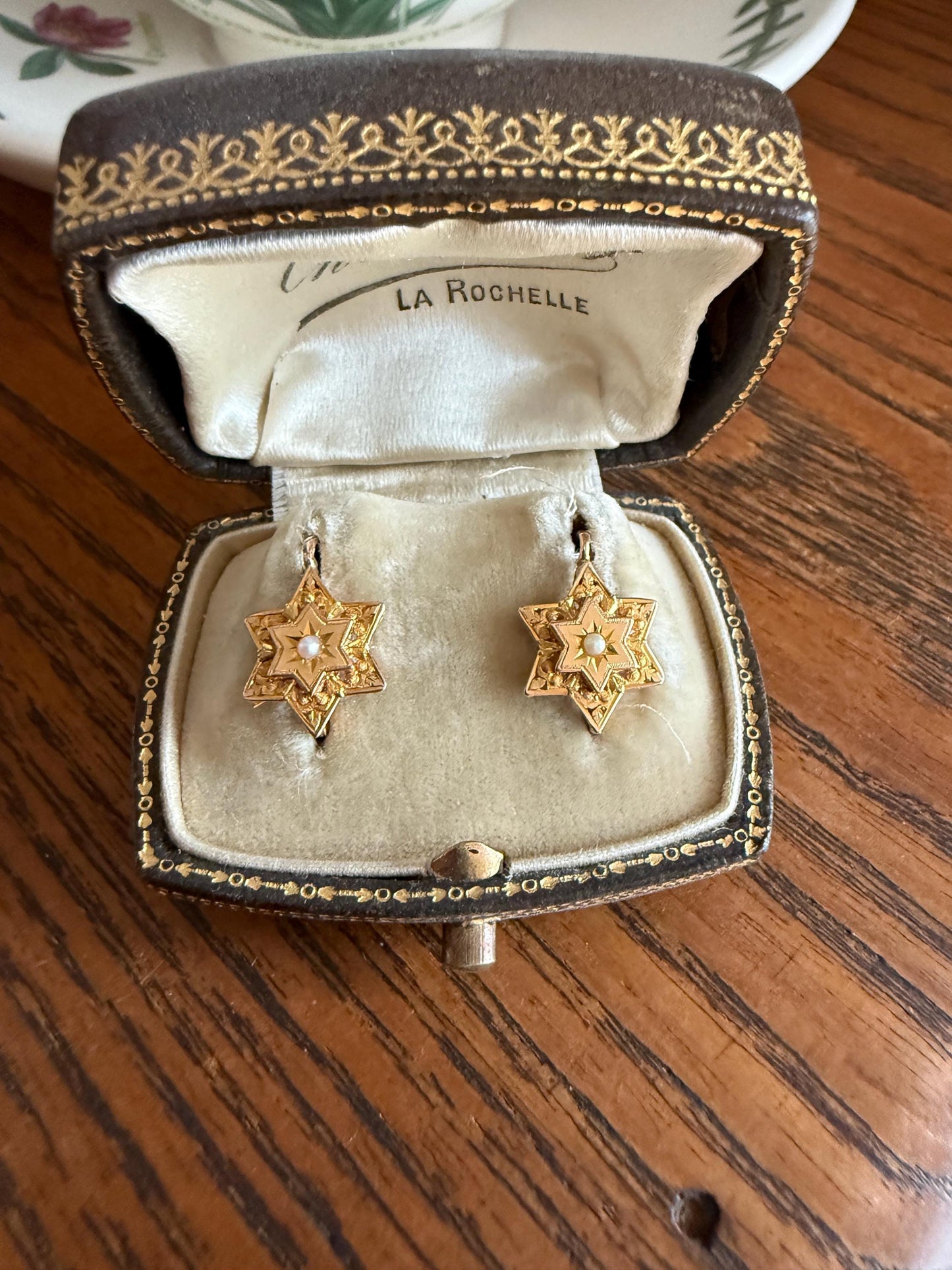 STAR Floral Pearl French Antique Victorian 18k GOLD Tricolor Green Dormeuse Dangle EARRINGS Romantic Gift Bridal Something Old Figural
