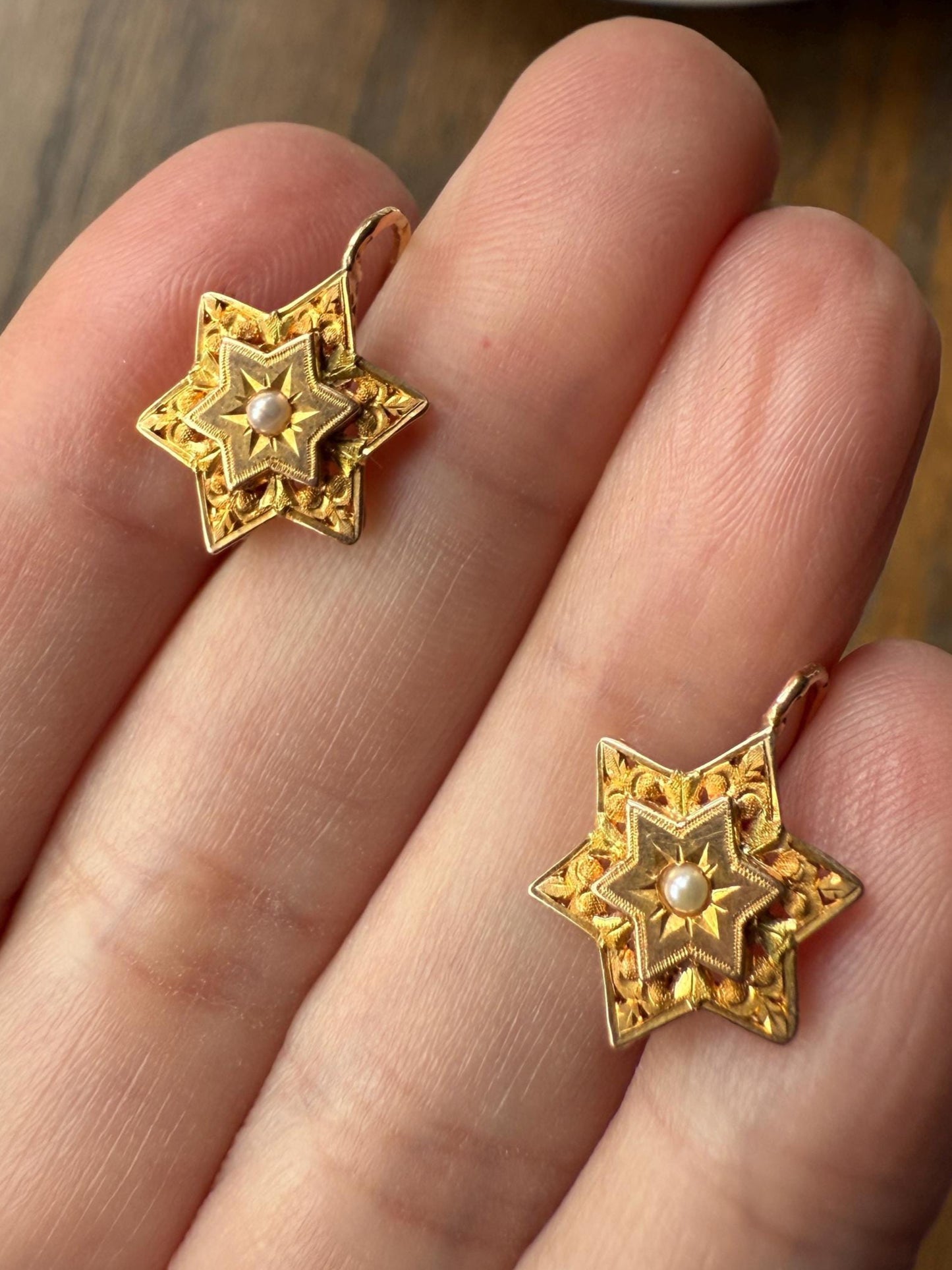 STAR Floral Pearl French Antique Victorian 18k GOLD Tricolor Green Dormeuse Dangle EARRINGS Romantic Gift Bridal Something Old Figural