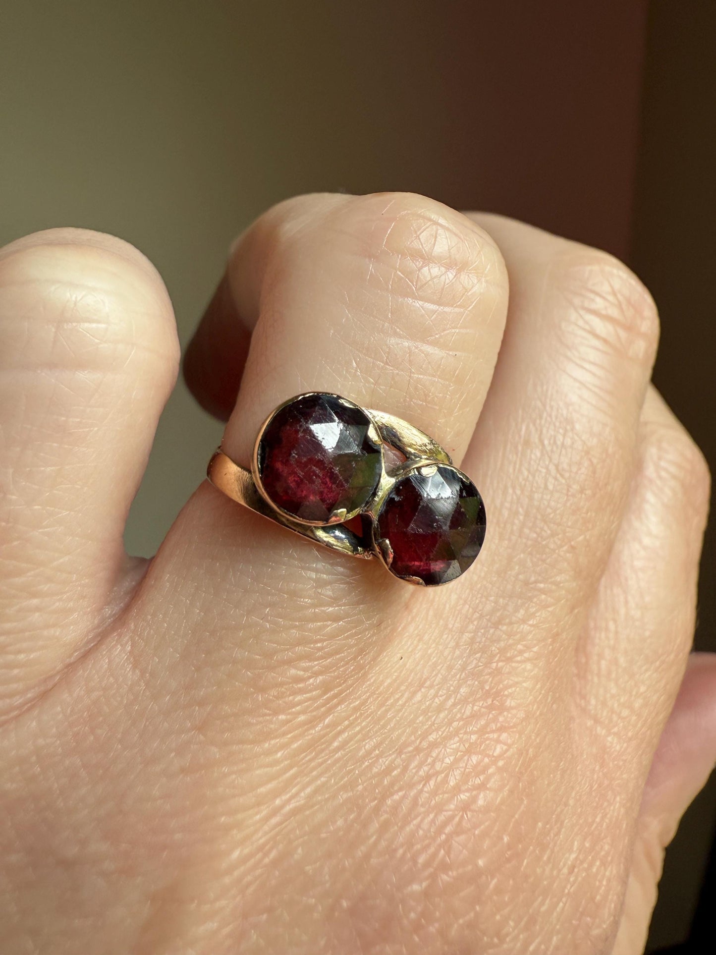 Toi et Moi Perpignan GARNET Two Stone Ring French 18k Gold Purplish Red Light Reflective Foil Back Geometric Stacker Unique Romantic Gift