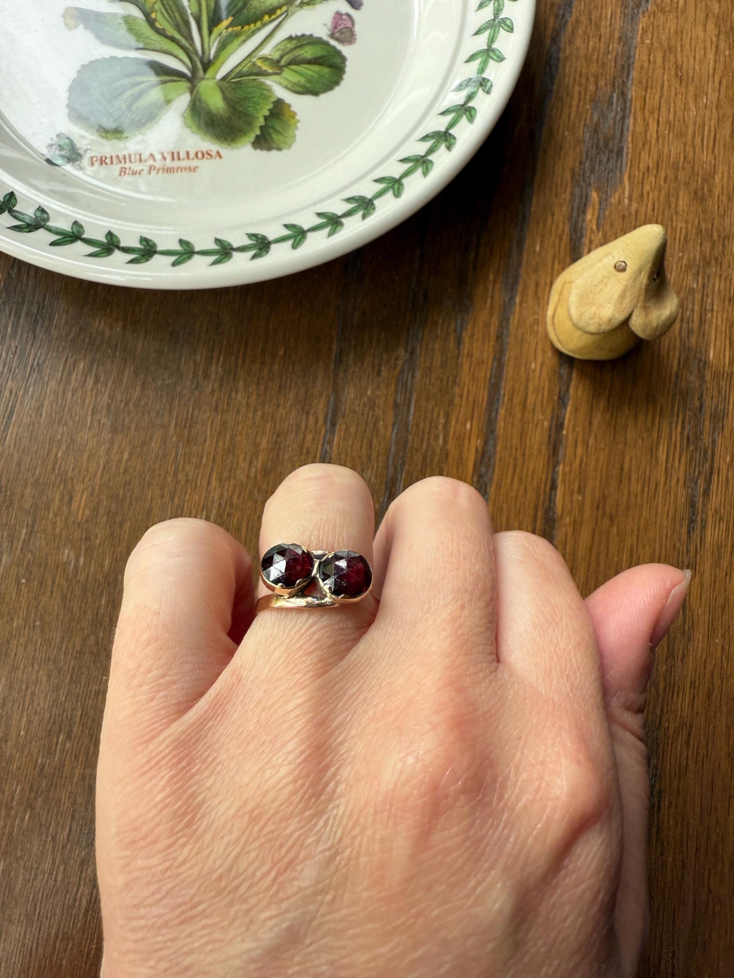 Toi et Moi Perpignan GARNET Two Stone Ring French 18k Gold Purplish Red Light Reflective Foil Back Geometric Stacker Unique Romantic Gift