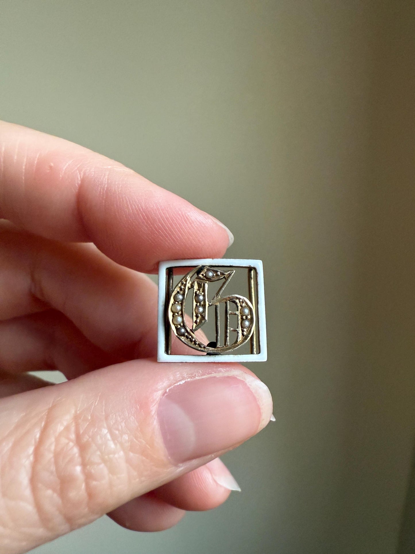 Antique INITIAL G C Slide Letter PEARL Pendant 14k Gold Enamel Bracelet Necklace Charm Gift Symbol Victorian - Art Deco Geometric Monogram