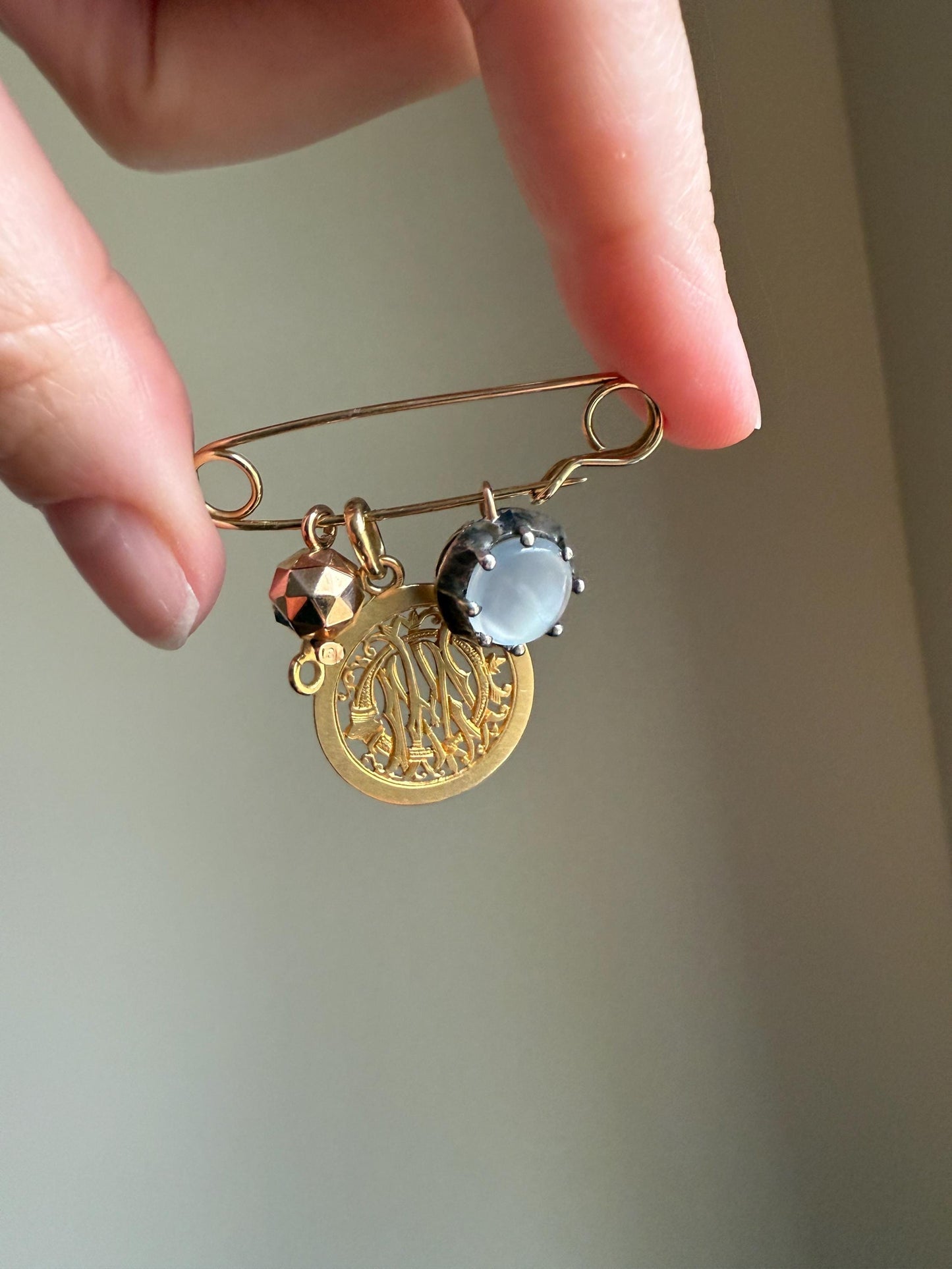 Gray Blue MOONSTONE Antique Pendant 18k Gold Silver Collet Set Glowing Orb Flash Victorian Georgian Necklace or Bracelet Charm Unique Gift