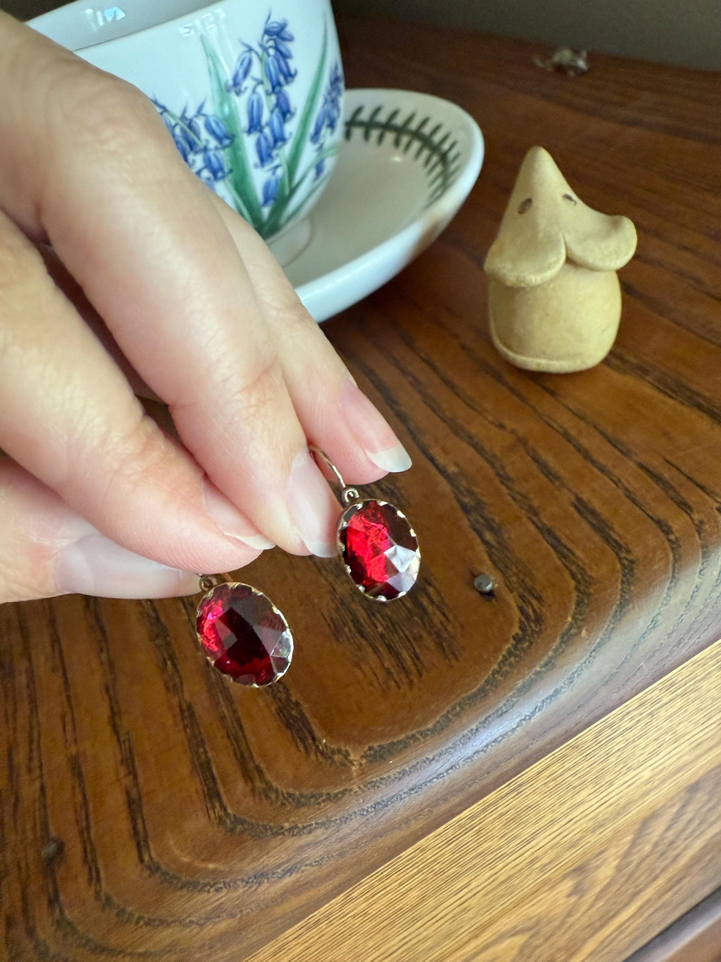 Dormeuse Antique PERPIGNAN GARNET Earrings 18k Gold Rose Cut Original Victorian Closed Back Almandine Glowing Crimson Berry Pinkish Red