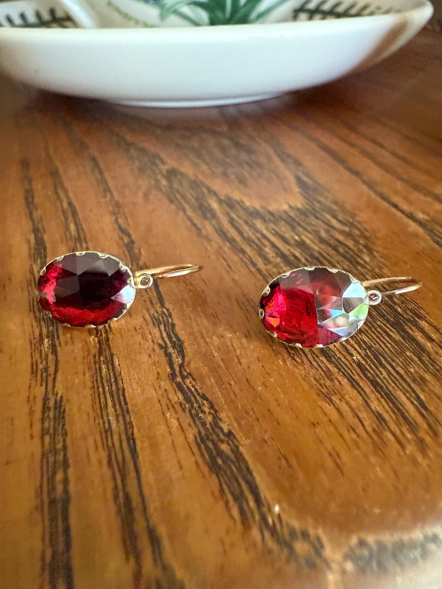 Dormeuse Antique PERPIGNAN GARNET Earrings 18k Gold Rose Cut Original Victorian Closed Back Almandine Glowing Crimson Berry Pinkish Red