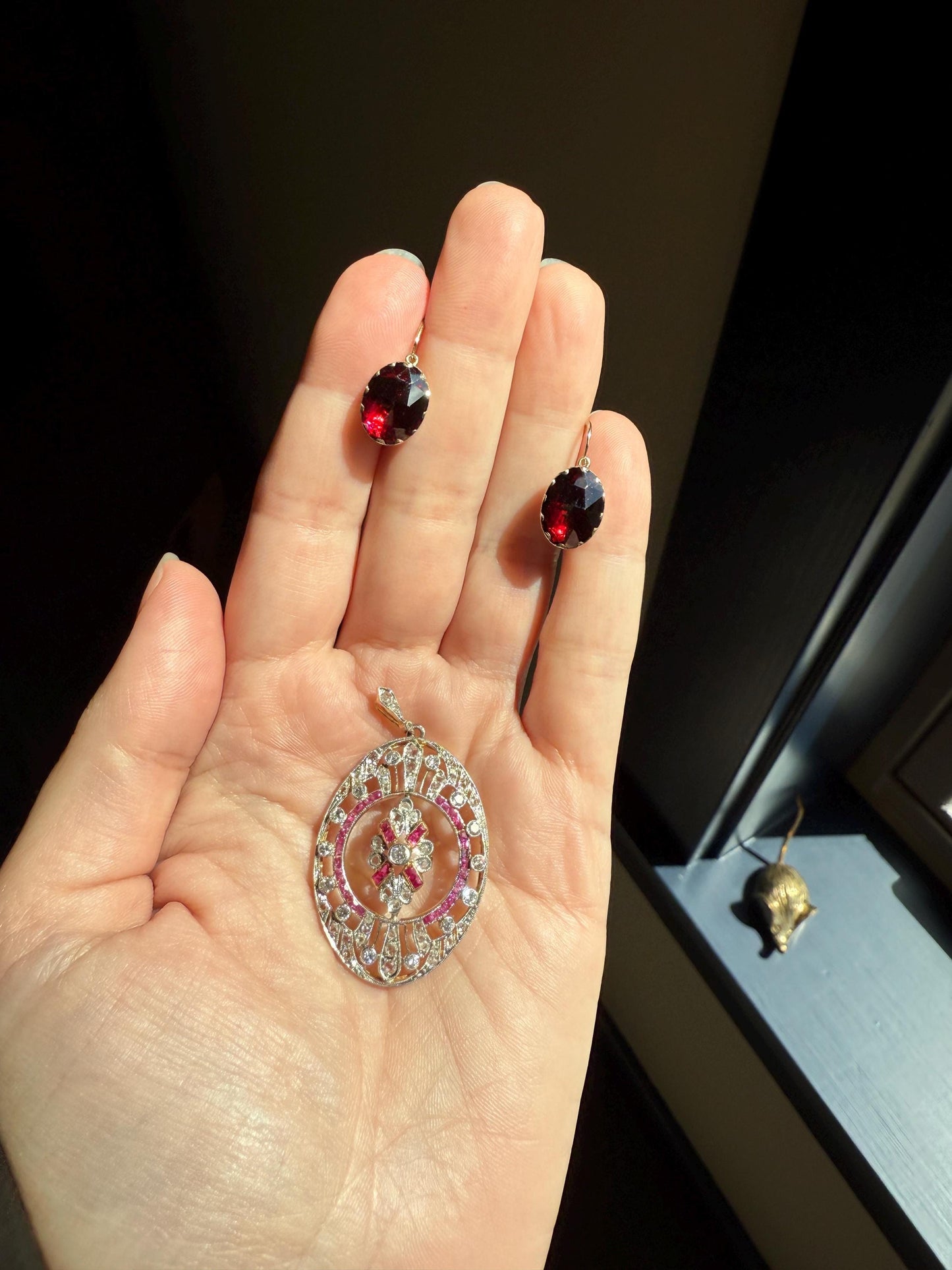 Dormeuse Antique PERPIGNAN GARNET Earrings 18k Gold Rose Cut Original Victorian Closed Back Almandine Glowing Crimson Berry Pinkish Red