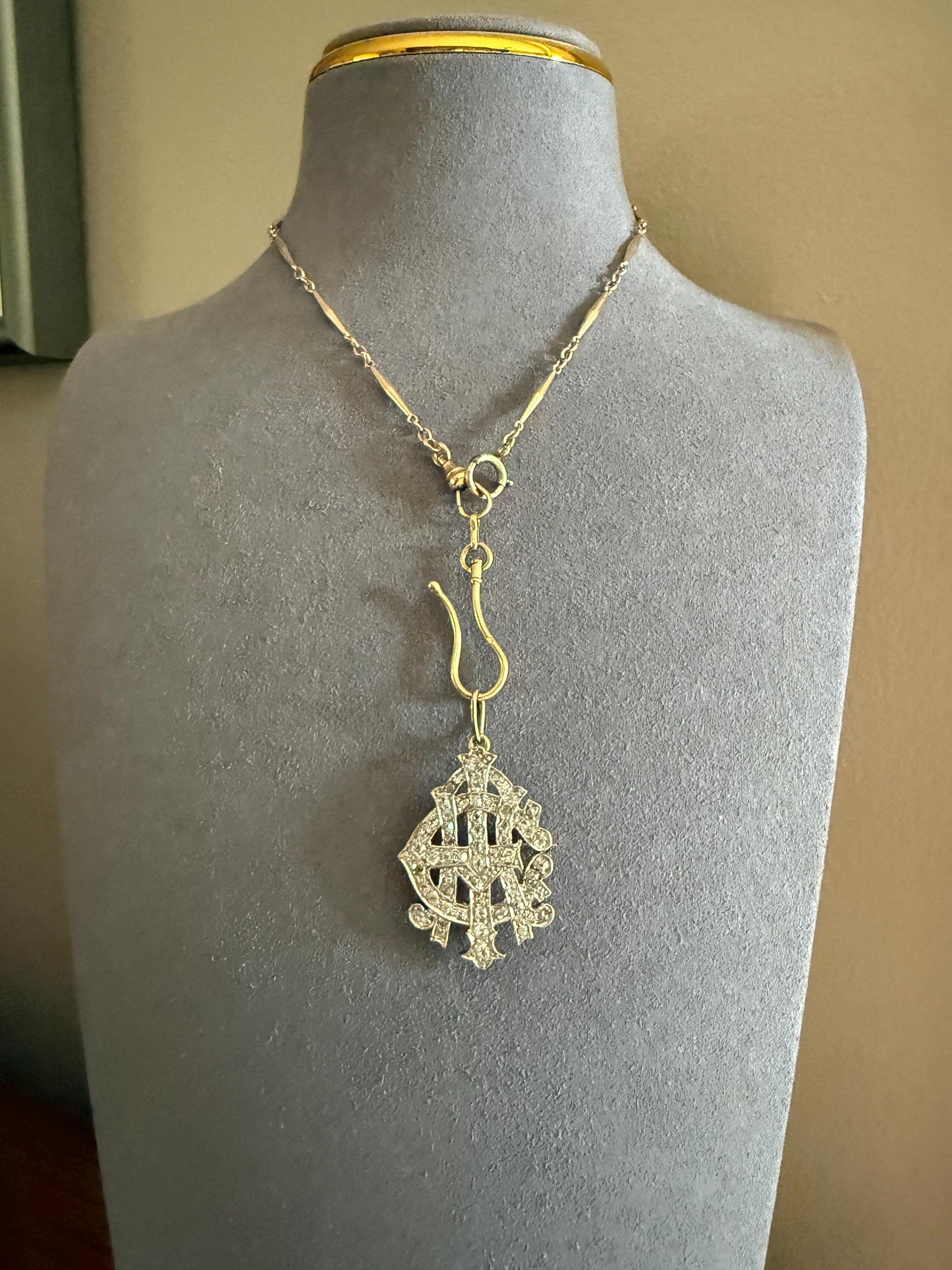 AEI Amity Eternity Infinity Antique 2.5 Carat Old Mine Rose Cut Diamond Initial XL Pendant Heavy Figural 14k Gold Platinum 3D Letter 2.5Ct