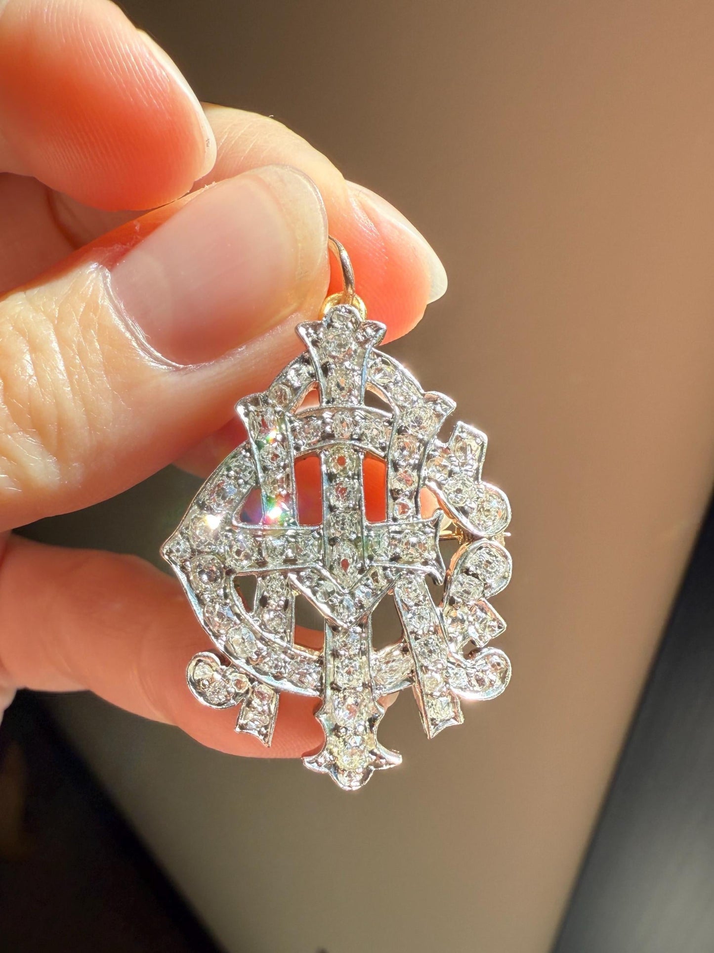 AEI Amity Eternity Infinity Antique 2.5 Carat Old Mine Rose Cut Diamond Initial XL Pendant Heavy Figural 14k Gold Platinum 3D Letter 2.5Ct
