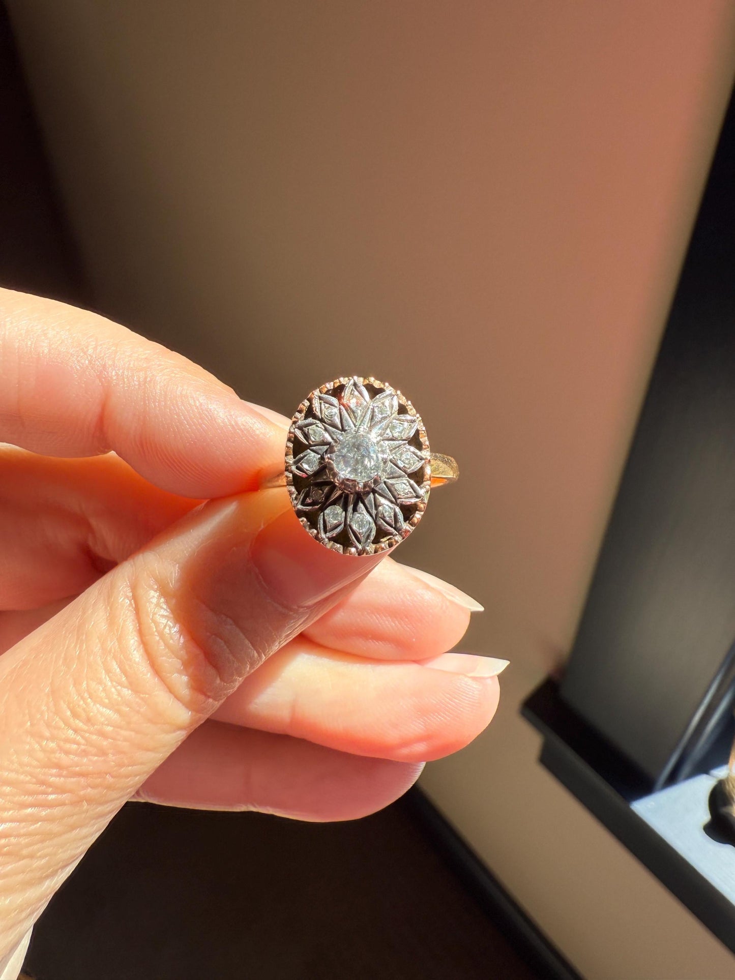 Georgian Era Antique Spanish Iberian Rose Cut Diamond Ring Oval Floral Sunburst Cupped Domed Back 18k Gold Silver Unique Foiled Stacker Gift