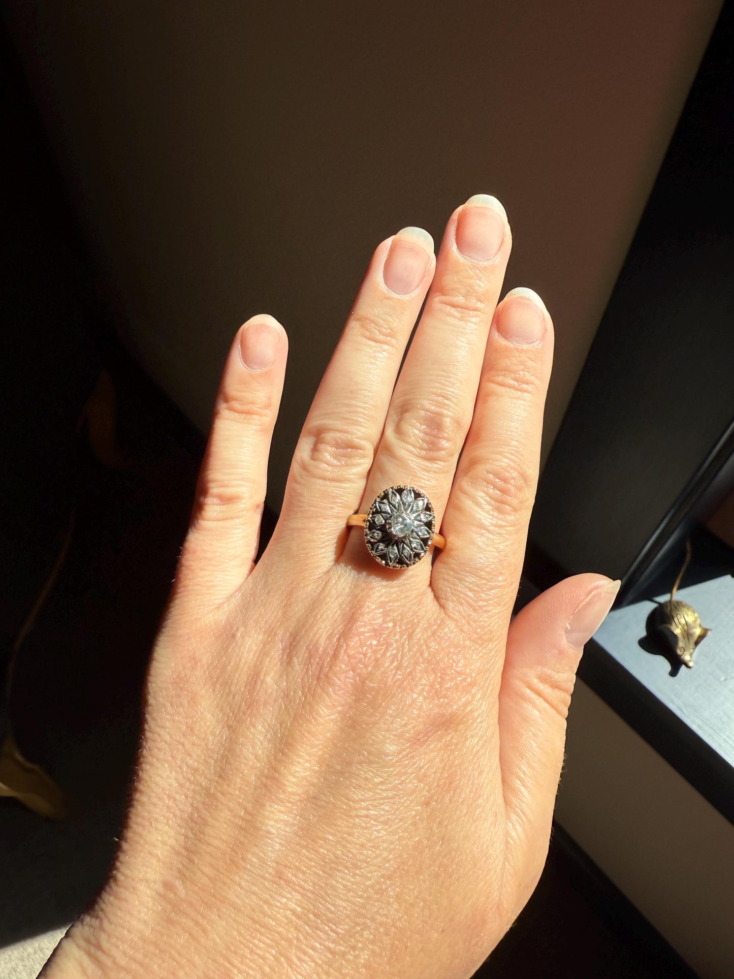 Georgian Era Antique Spanish Iberian Rose Cut Diamond Ring Oval Floral Sunburst Cupped Domed Back 18k Gold Silver Unique Foiled Stacker Gift