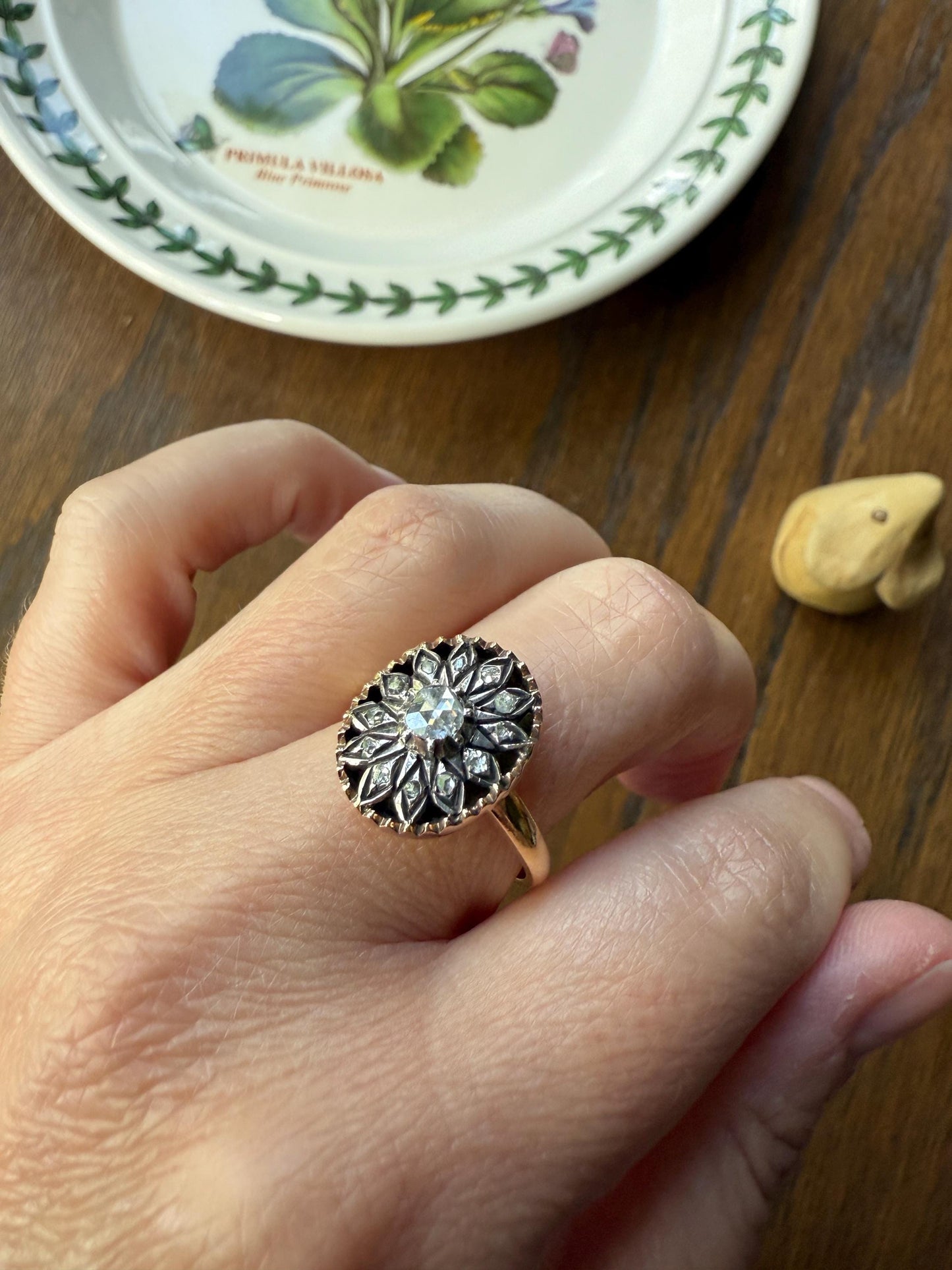 Georgian Era Antique Spanish Iberian Rose Cut Diamond Ring Oval Floral Sunburst Cupped Domed Back 18k Gold Silver Unique Foiled Stacker Gift