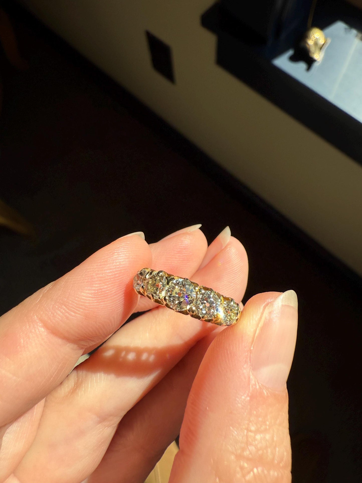 Antique 1.5 Carat Old Mine Cut DIAMOND 5 Five Stone Band Ring 18k Gold Scrolled Victorian Romantic Gift Row Stacker Wedding OMC 1.5Ctw Love