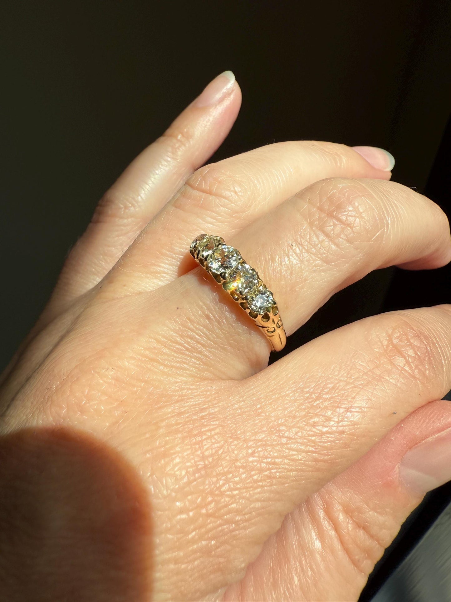 Antique 1.5 Carat Old Mine Cut DIAMOND 5 Five Stone Band Ring 18k Gold Scrolled Victorian Romantic Gift Row Stacker Wedding OMC 1.5Ctw Love