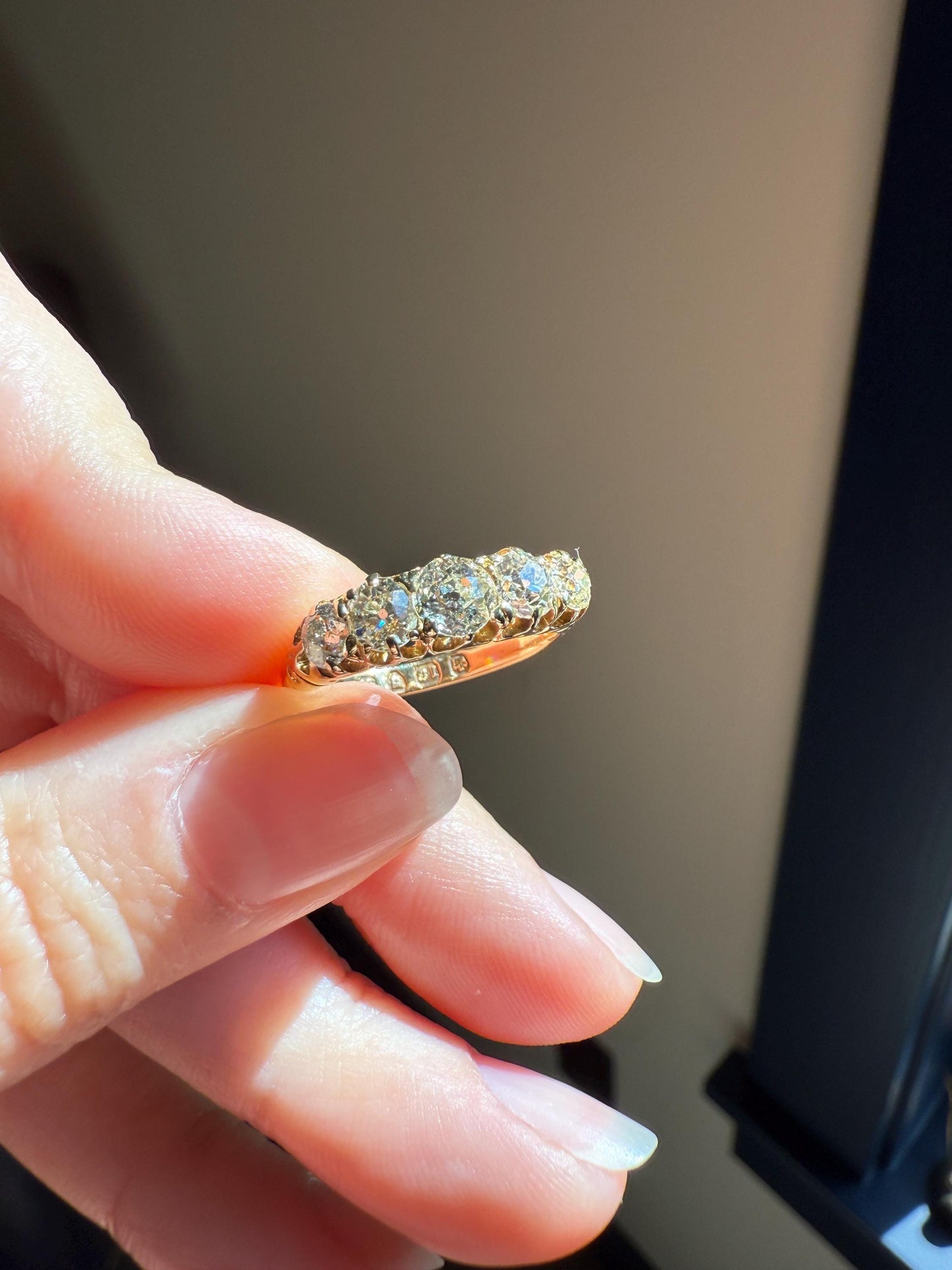 Antique 1.5 Carat Old Mine Cut DIAMOND 5 Five Stone Band Ring 18k Gold Scrolled Victorian Romantic Gift Row Stacker Wedding OMC 1.5Ctw Love