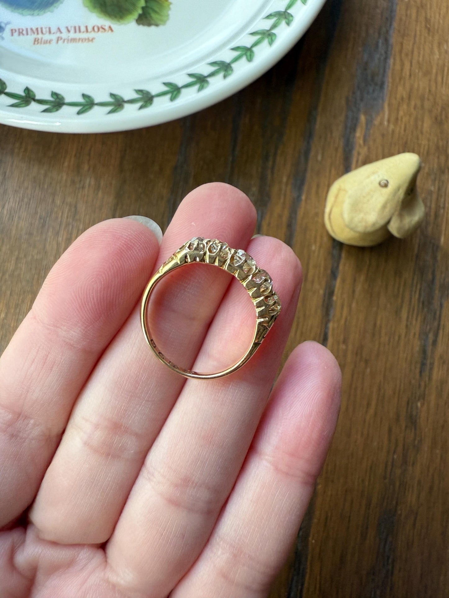 Antique 1.5 Carat Old Mine Cut DIAMOND 5 Five Stone Band Ring 18k Gold Scrolled Victorian Romantic Gift Row Stacker Wedding OMC 1.5Ctw Love