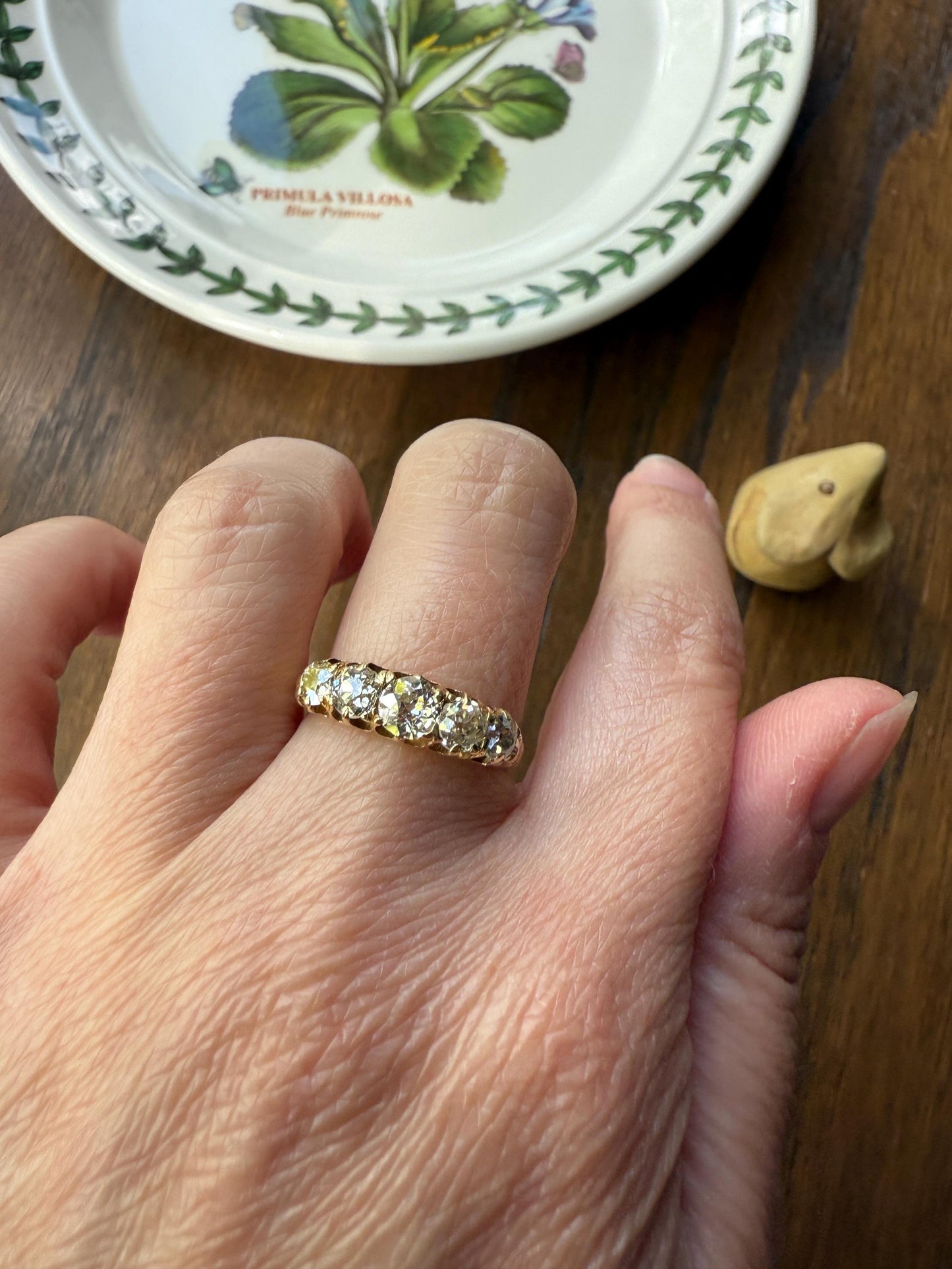 Antique 1.5 Carat Old Mine Cut DIAMOND 5 Five Stone Band Ring 18k Gold Scrolled Victorian Romantic Gift Row Stacker Wedding OMC 1.5Ctw Love