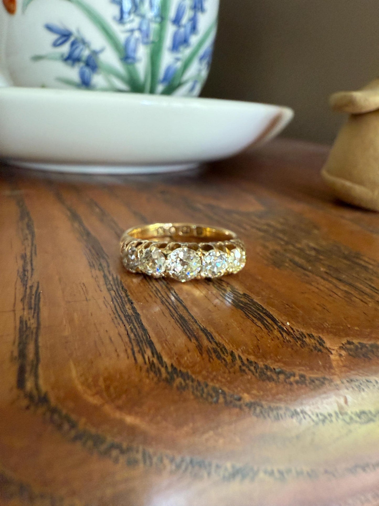 Antique 1.5 Carat Old Mine Cut DIAMOND 5 Five Stone Band Ring 18k Gold Scrolled Victorian Romantic Gift Row Stacker Wedding OMC 1.5Ctw Love