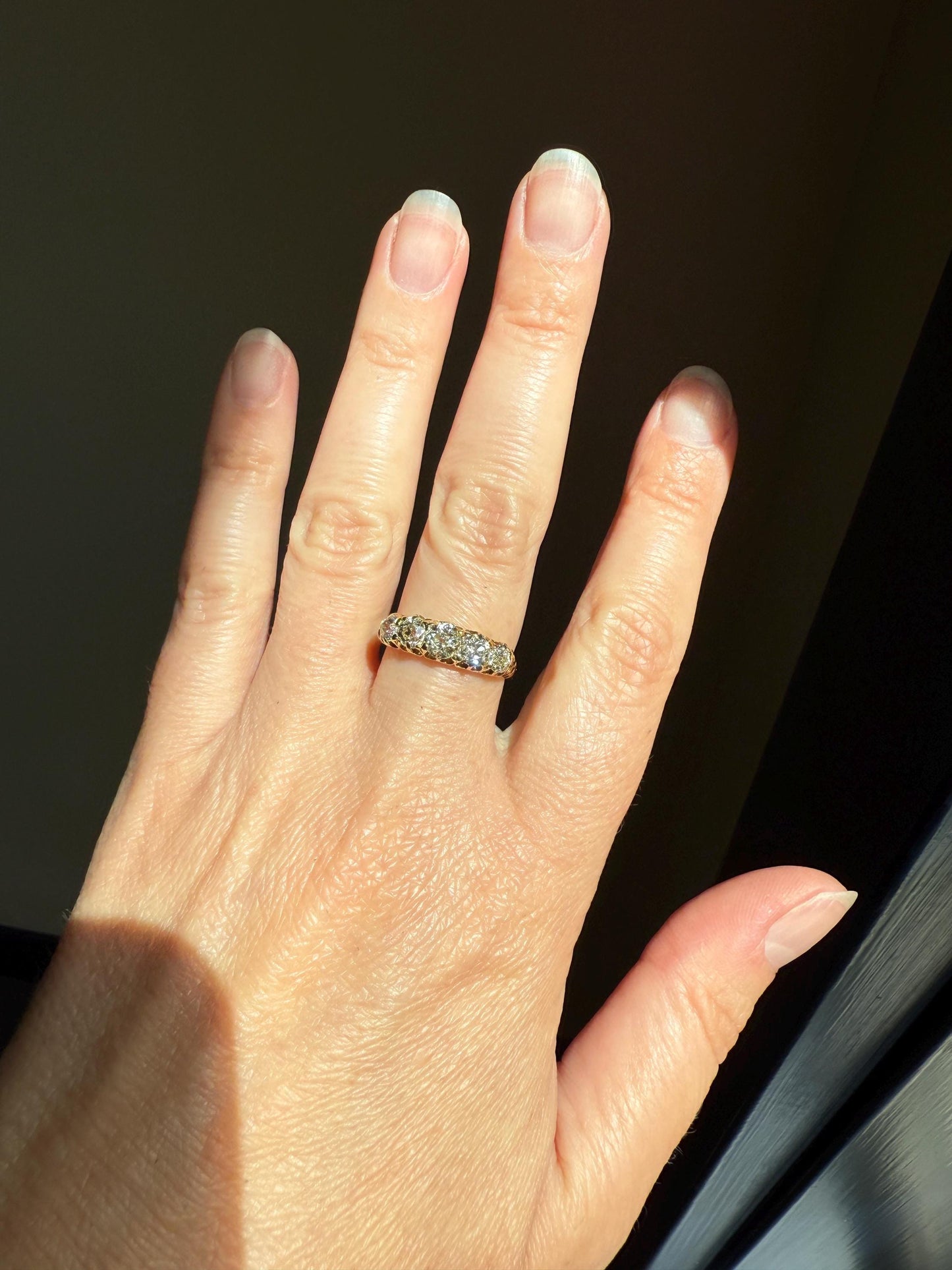 Antique 1.5 Carat Old Mine Cut DIAMOND 5 Five Stone Band Ring 18k Gold Scrolled Victorian Romantic Gift Row Stacker Wedding OMC 1.5Ctw Love