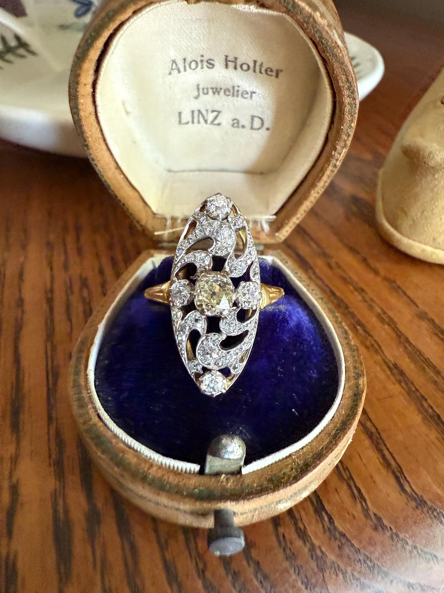 Ornate 1 Carat + French Belle Epoque Oval Old Mine Rose Cut Diamond Pale Light Yellow Center 18k Gold Platinum Scroll Romantic Gift 1Ct OmC