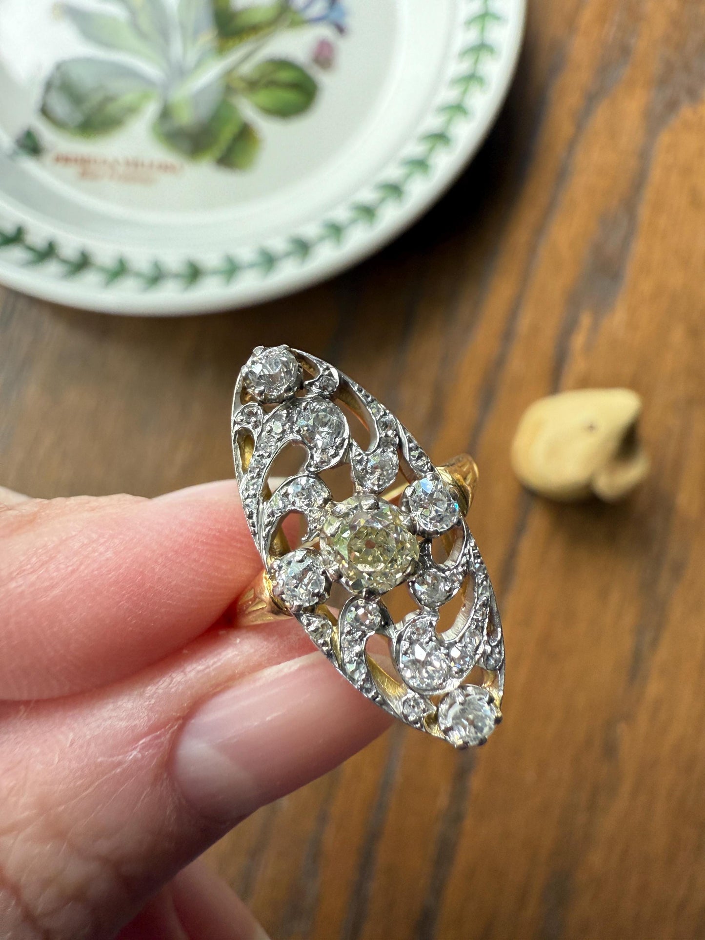 Ornate 1 Carat + French Belle Epoque Oval Old Mine Rose Cut Diamond Pale Light Yellow Center 18k Gold Platinum Scroll Romantic Gift 1Ct OmC