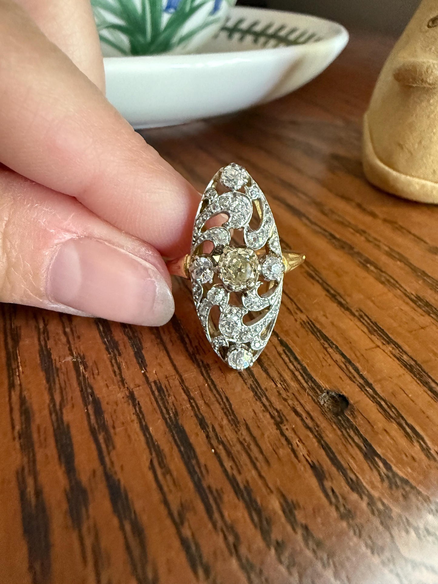 Ornate 1 Carat + French Belle Epoque Oval Old Mine Rose Cut Diamond Pale Light Yellow Center 18k Gold Platinum Scroll Romantic Gift 1Ct OmC