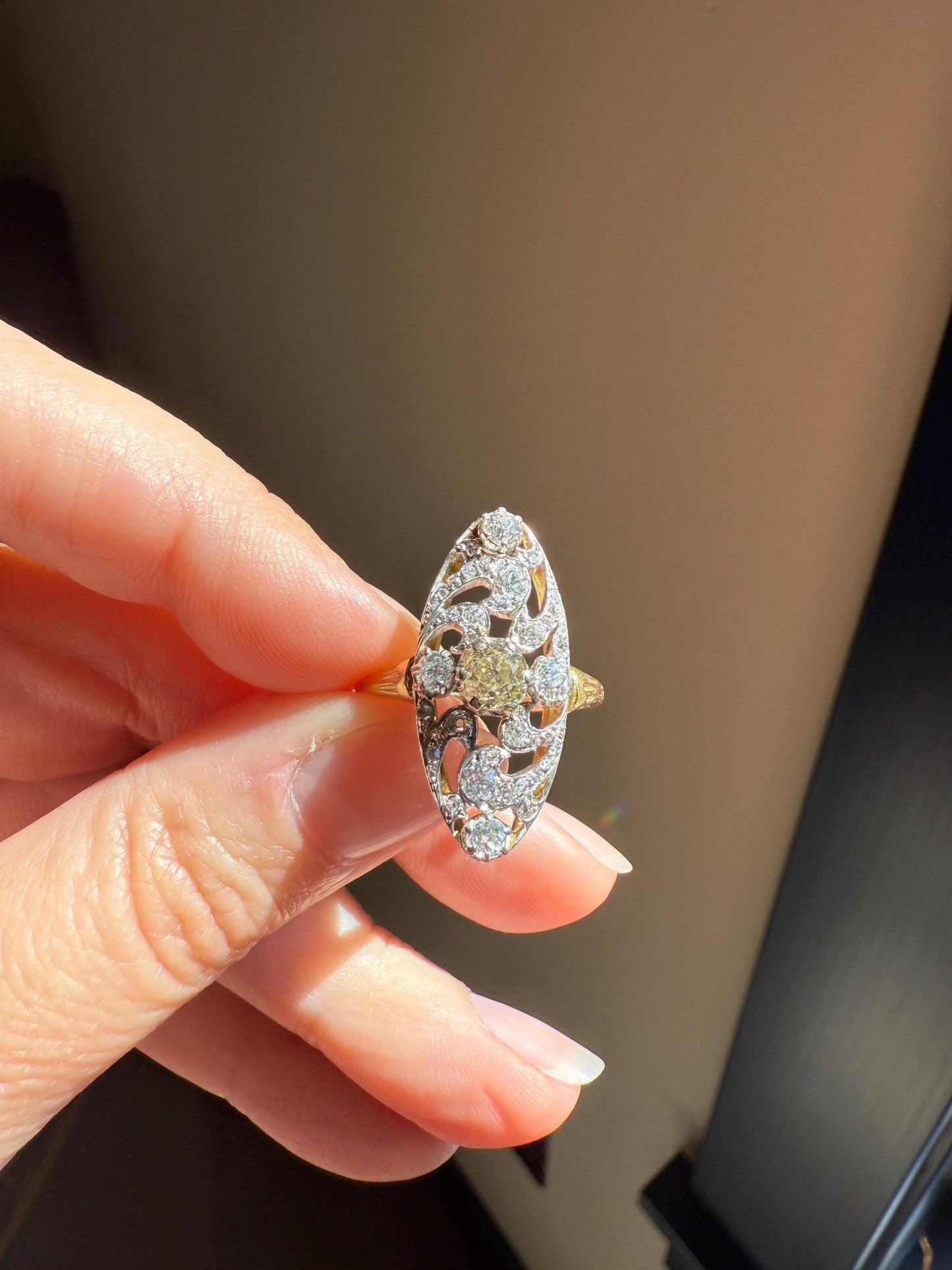 Ornate 1 Carat + French Belle Epoque Oval Old Mine Rose Cut Diamond Pale Light Yellow Center 18k Gold Platinum Scroll Romantic Gift 1Ct OmC