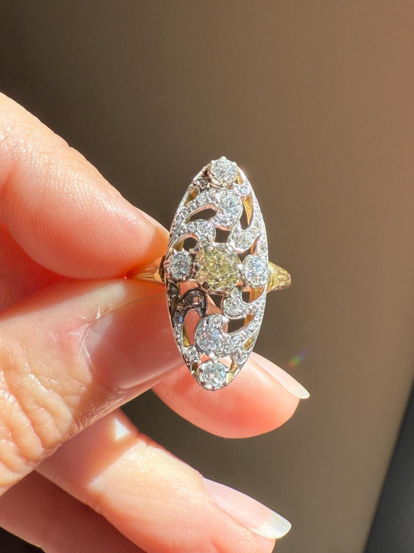 Ornate 1 Carat + French Belle Epoque Oval Old Mine Rose Cut Diamond Pale Light Yellow Center 18k Gold Platinum Scroll